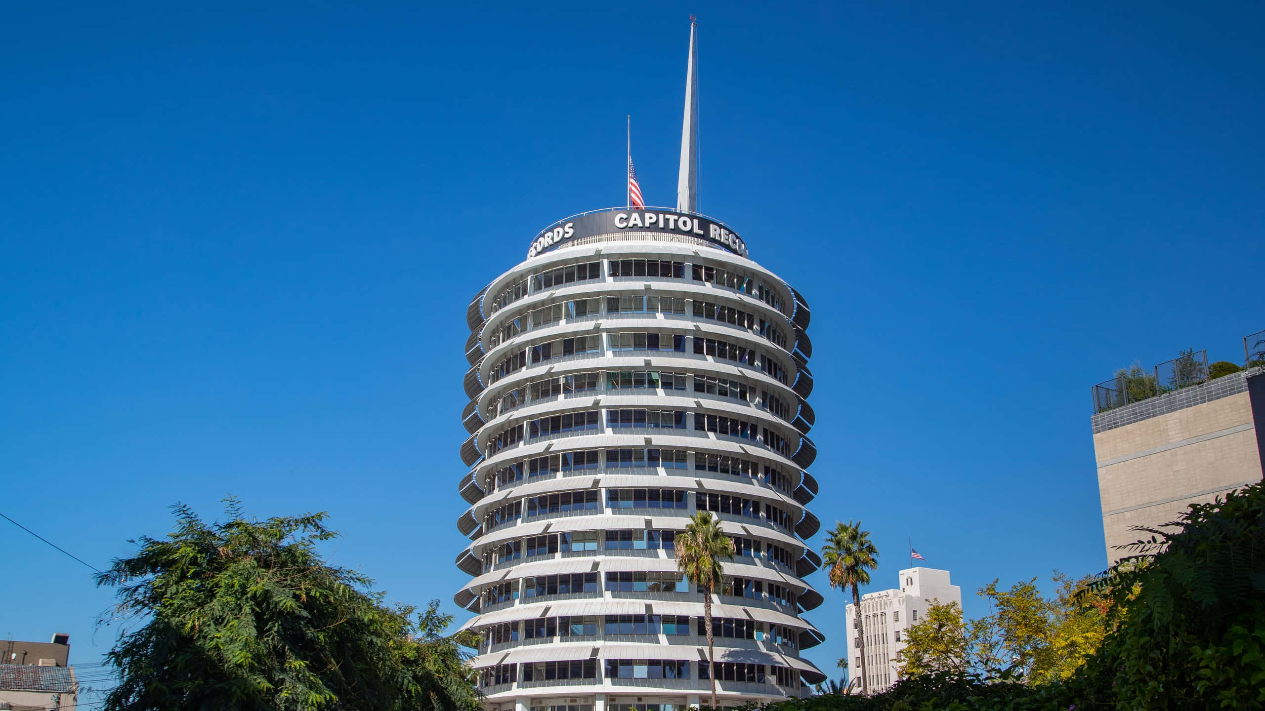 Building 桌布 壁紙 — 一座引人注目的白色圓柱形Capitol Records大樓在晴朗的藍天下聳立，底部有棕櫚樹。