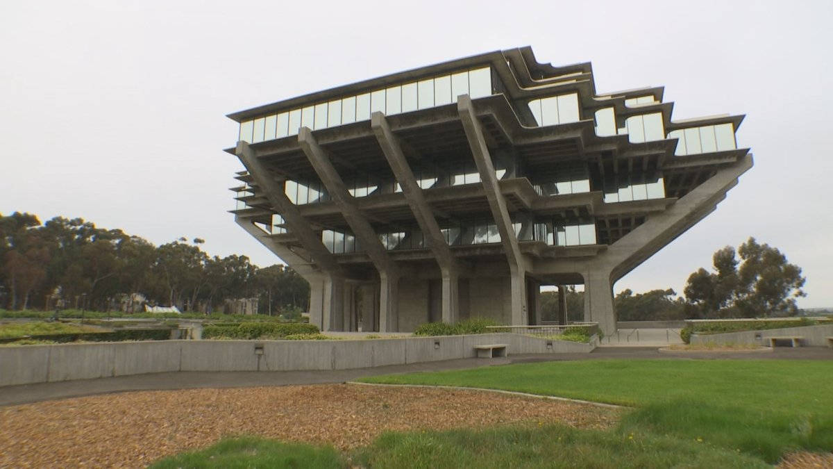 Architecture 桌布 壁紙 — 一座引人注目的粗獷主義混凝土建築，帶有分層玻璃陽台，矗立在陰天之下，周圍是修剪整齊的草坪和樹木。