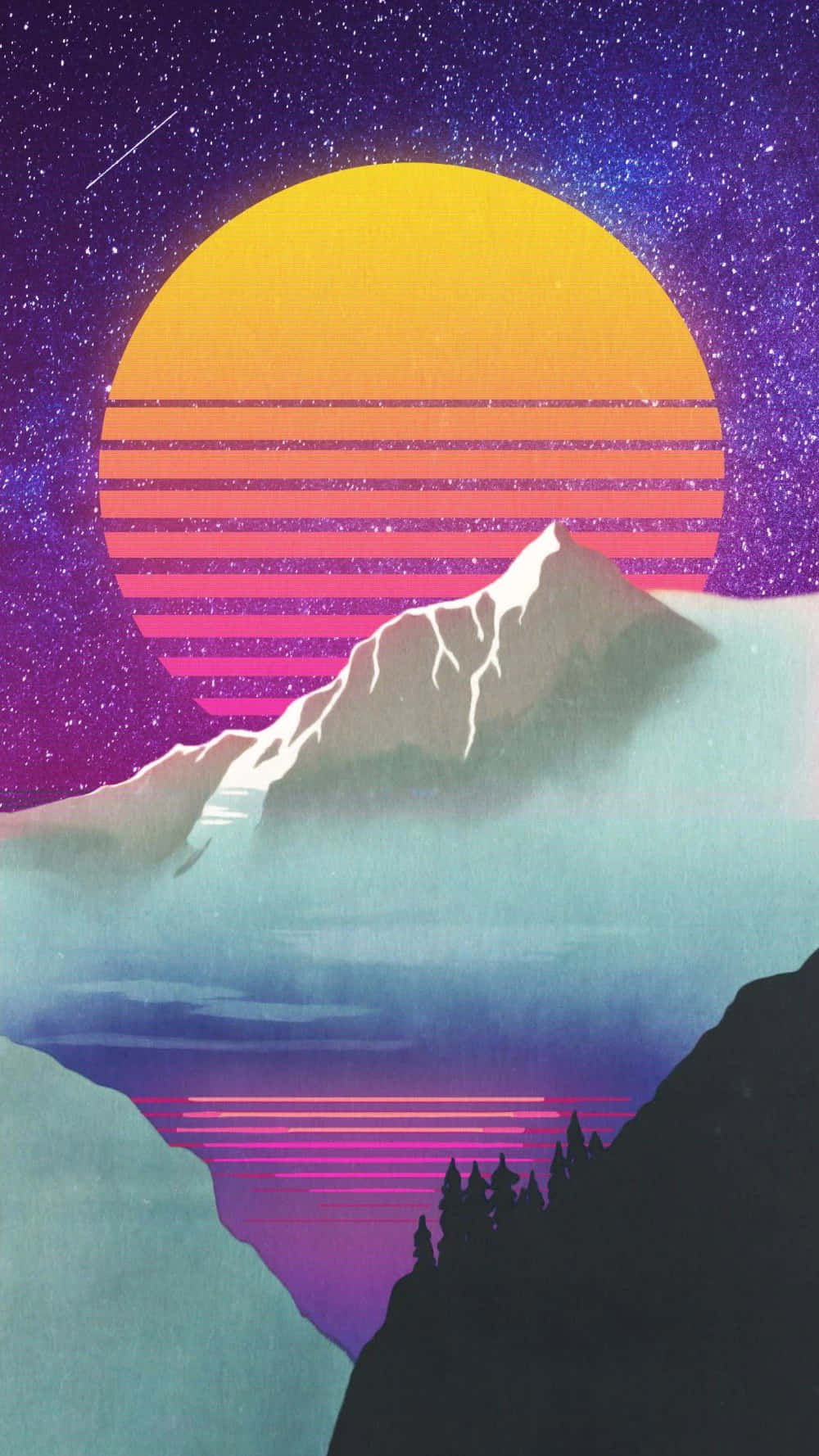 Travel Aesthetic Phone 桌布 壁紙 — 一座復古未來主義的山峰在巨大的條紋太陽下升起，背景是繁星點點的紫色天空和一顆流星。