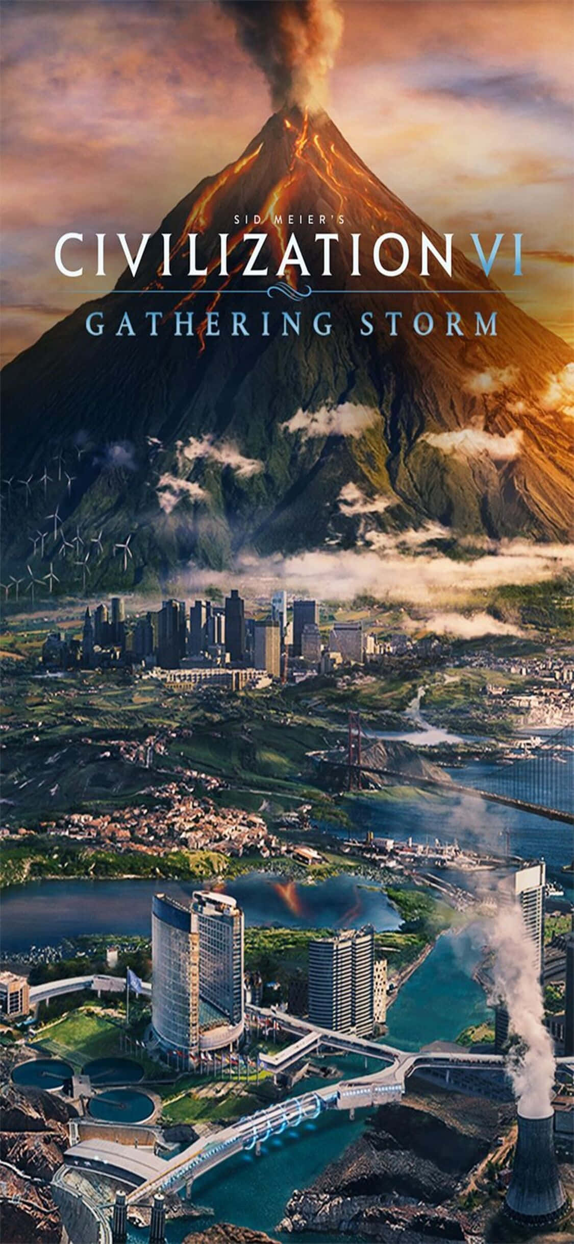 iPhone X Civilization V 桌布 壁紙 — 一座戲劇性的城市景觀坐落於噴發火山的山腳，煙霧翻騰升入火紅的天空。