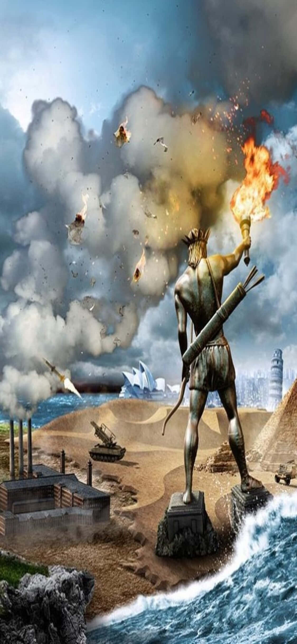 iPhone X Civilization V 桌布 壁紙 — 一座手持火焰火炬的戰士青銅雕像矗立在岩石海岸上，背後是飽受戰爭摧殘的沿海城市，濃煙和火焰噴湧而出。