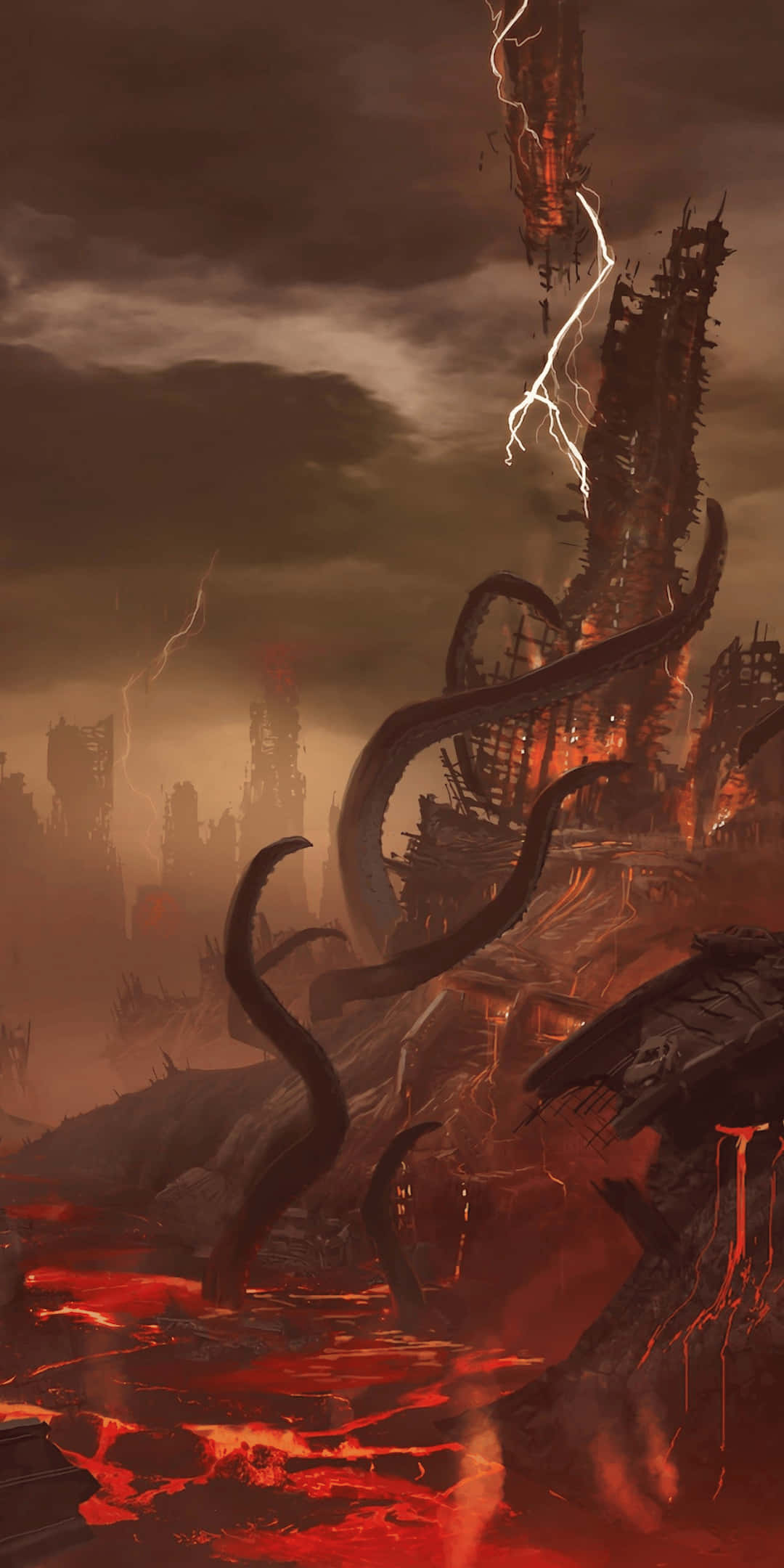 Pixel 3 Doom 桌布 壁紙 — 一座扭曲高聳的城市廢墟從熔岩中升起，在暴風雨的天空下，閃電擊中其鋸齒狀的尖塔。