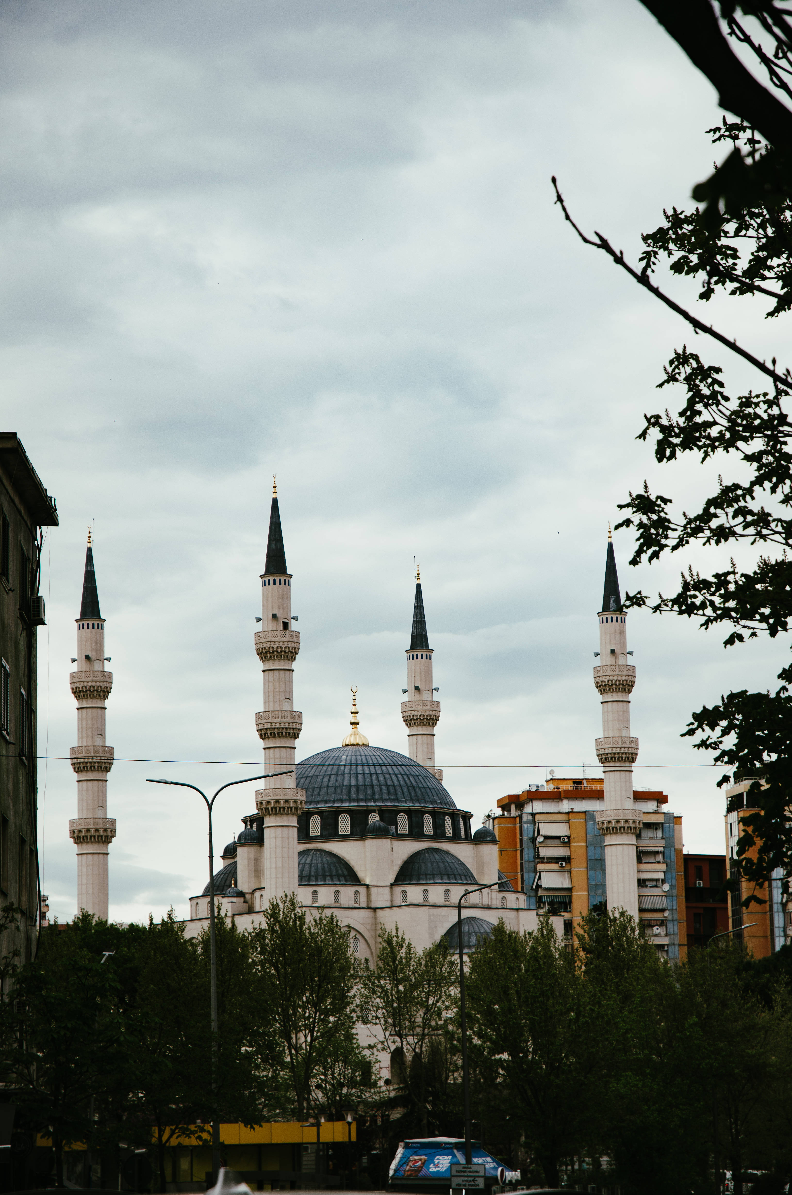 Albania 桌布 壁紙 — 一座擁有四座高聳宣禮塔和中央圓頂的大清真寺，在樹枝環繞的多雲天空下，聳立於城市建築之上。