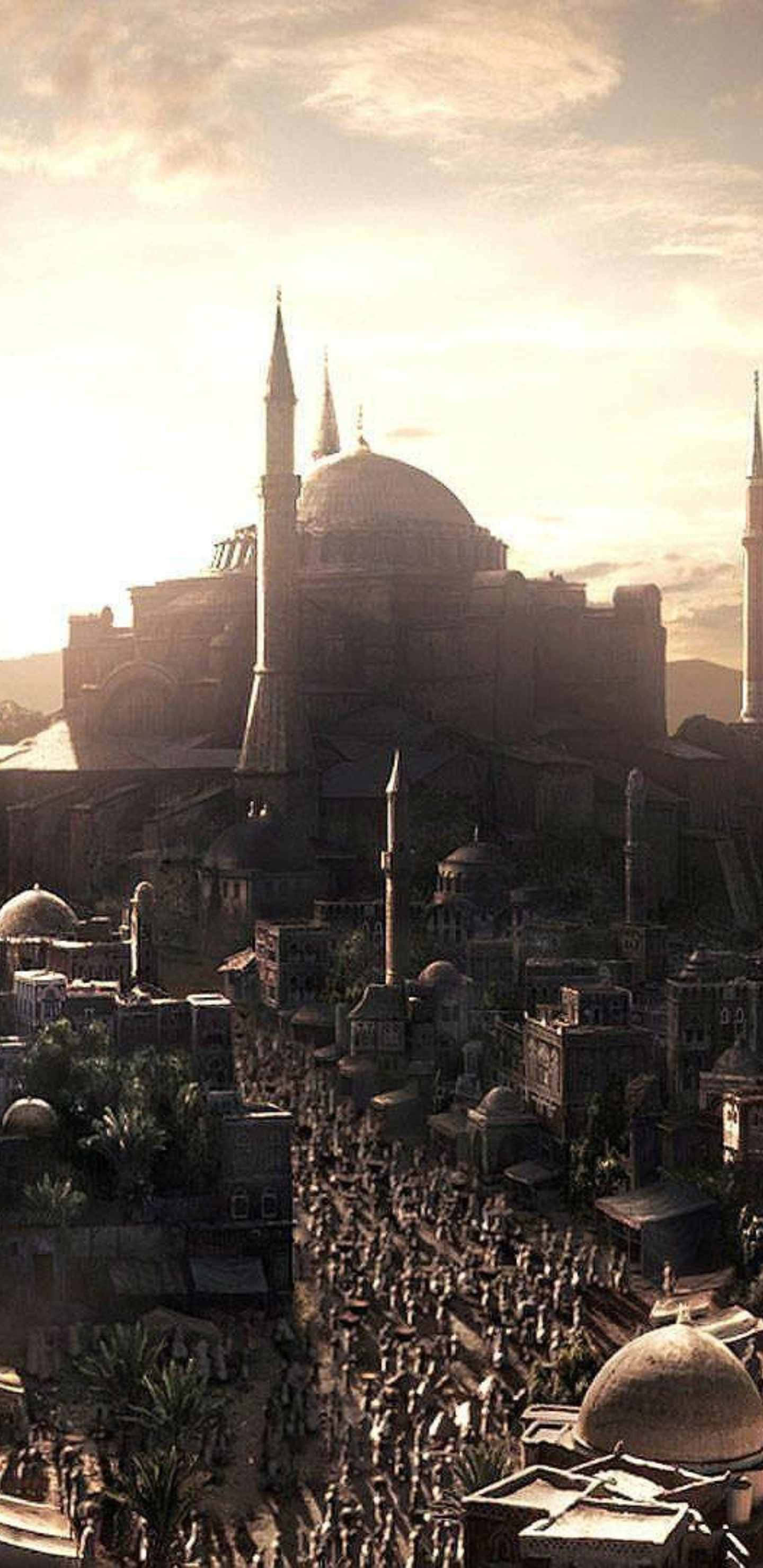 Pixel 3xl Civilization Beyond Earth 桌布 壁紙 — 一座擁有圓頂和宣禮塔的宏偉清真寺，在金色夕陽下聳立於繁華的古城之上。