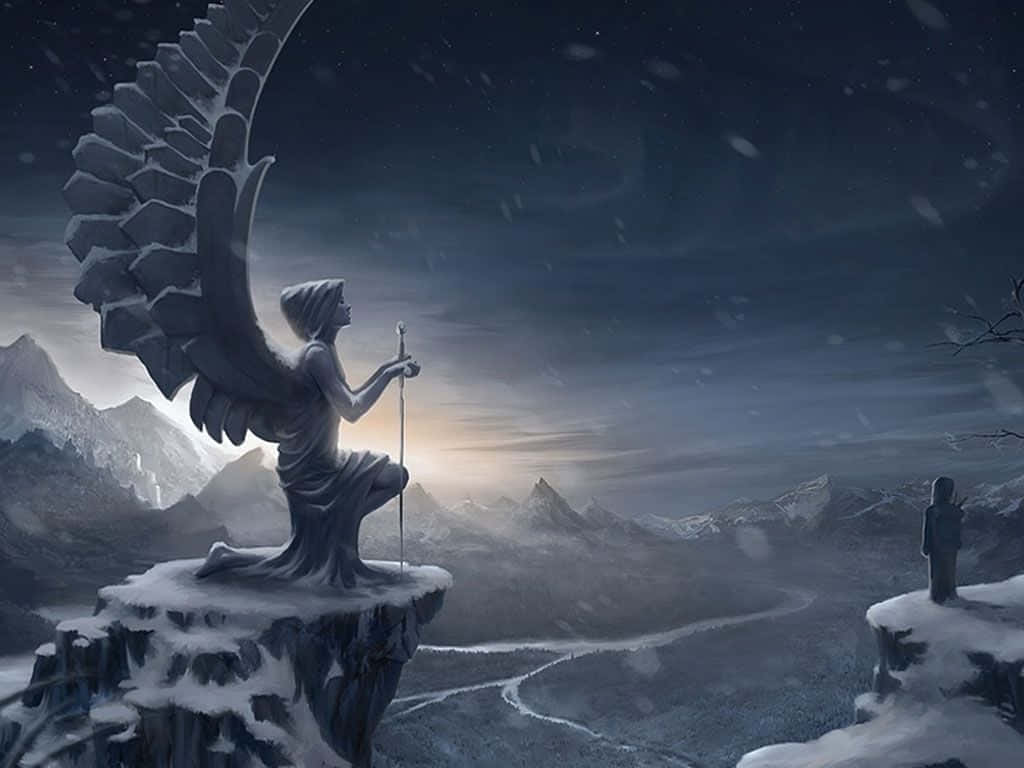 Snow Angel 桌布 壁紙 — 一座擁有巨大翅膀的石天使雕像跪在白雪覆蓋的懸崖上，俯瞰著星空下蜿蜒的山路。