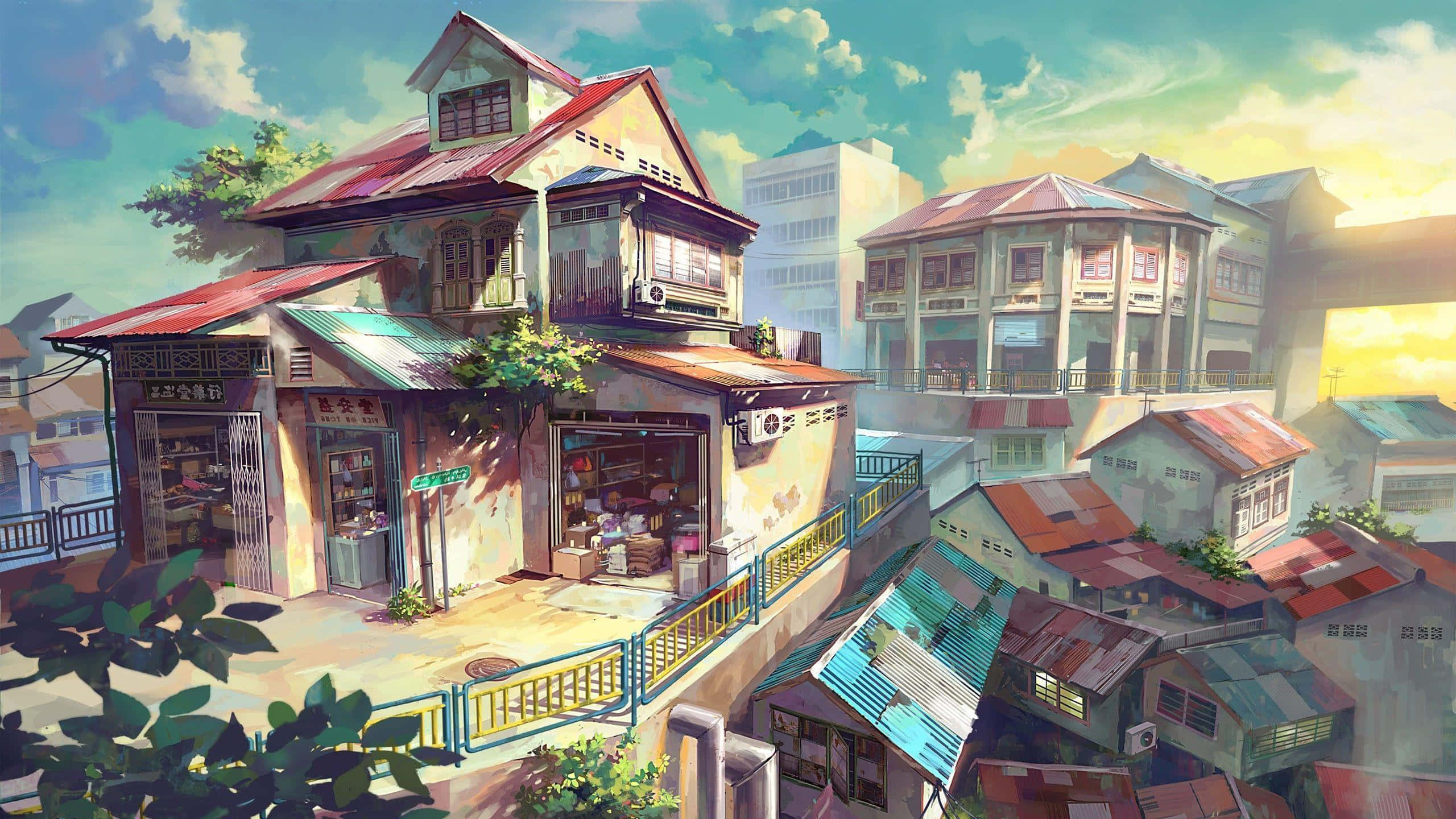 一座擁有房屋和天空的城市 壁紙