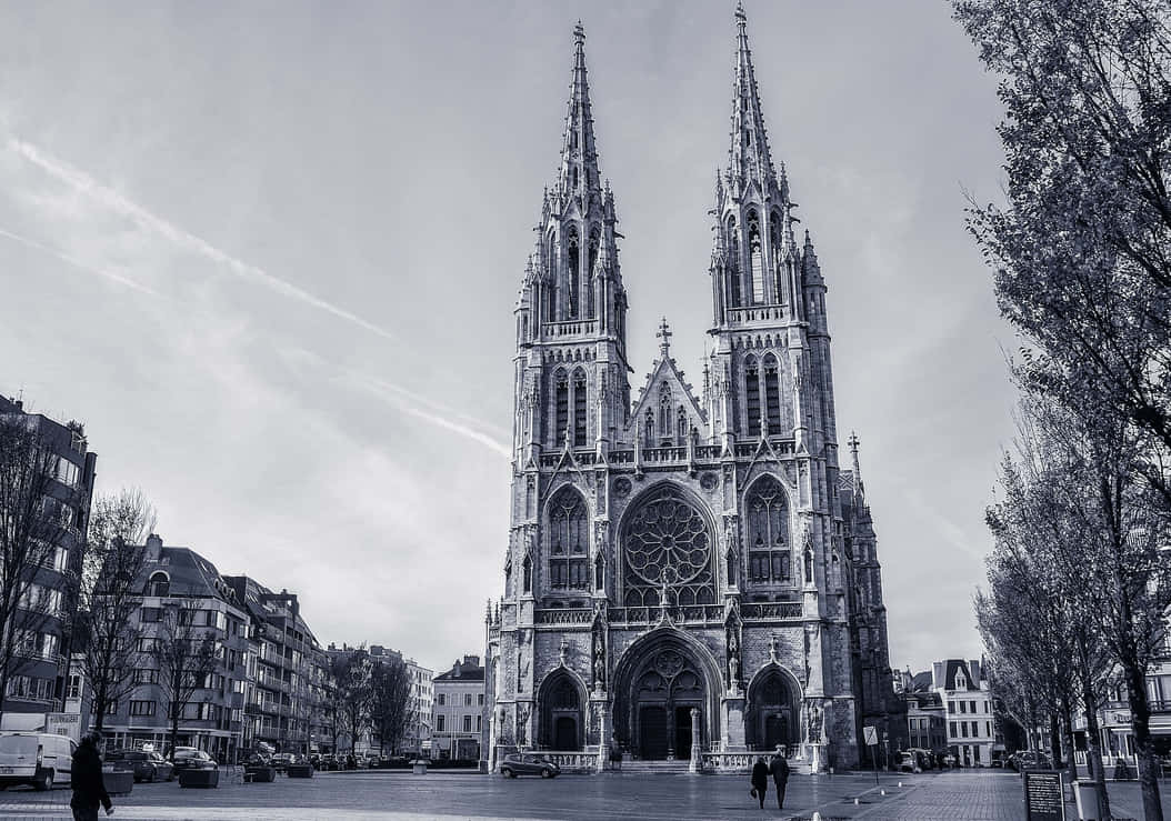 Gothic Architecture 桌布 壁紙 — 一座擁有雙塔的宏偉哥德式大教堂，在陰天之下，主宰著一個兩旁種滿光禿樹木的城市廣場。