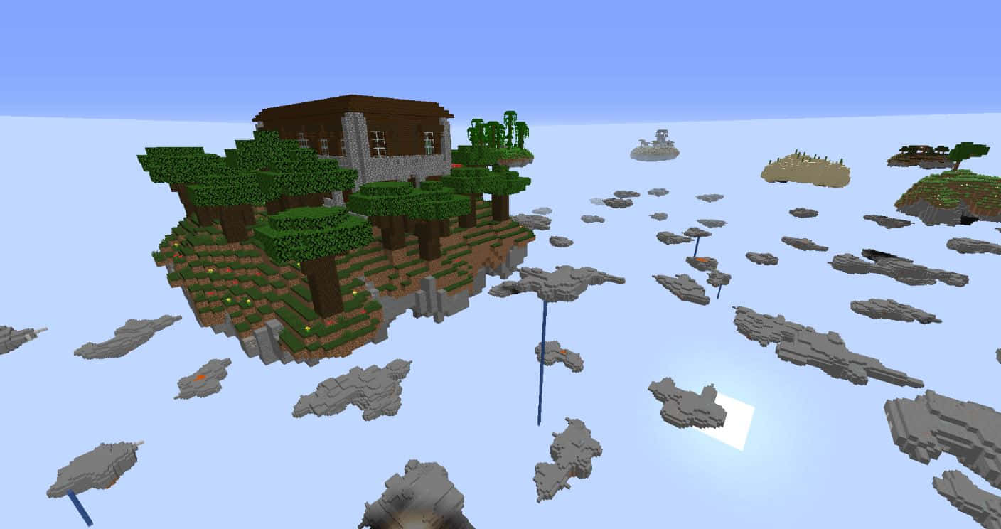 Minecraft Sky Block 桌布 壁紙 — 一座方塊木屋坐落在浮空島上，周圍散落著石頭平台，背景是清澈的藍天。