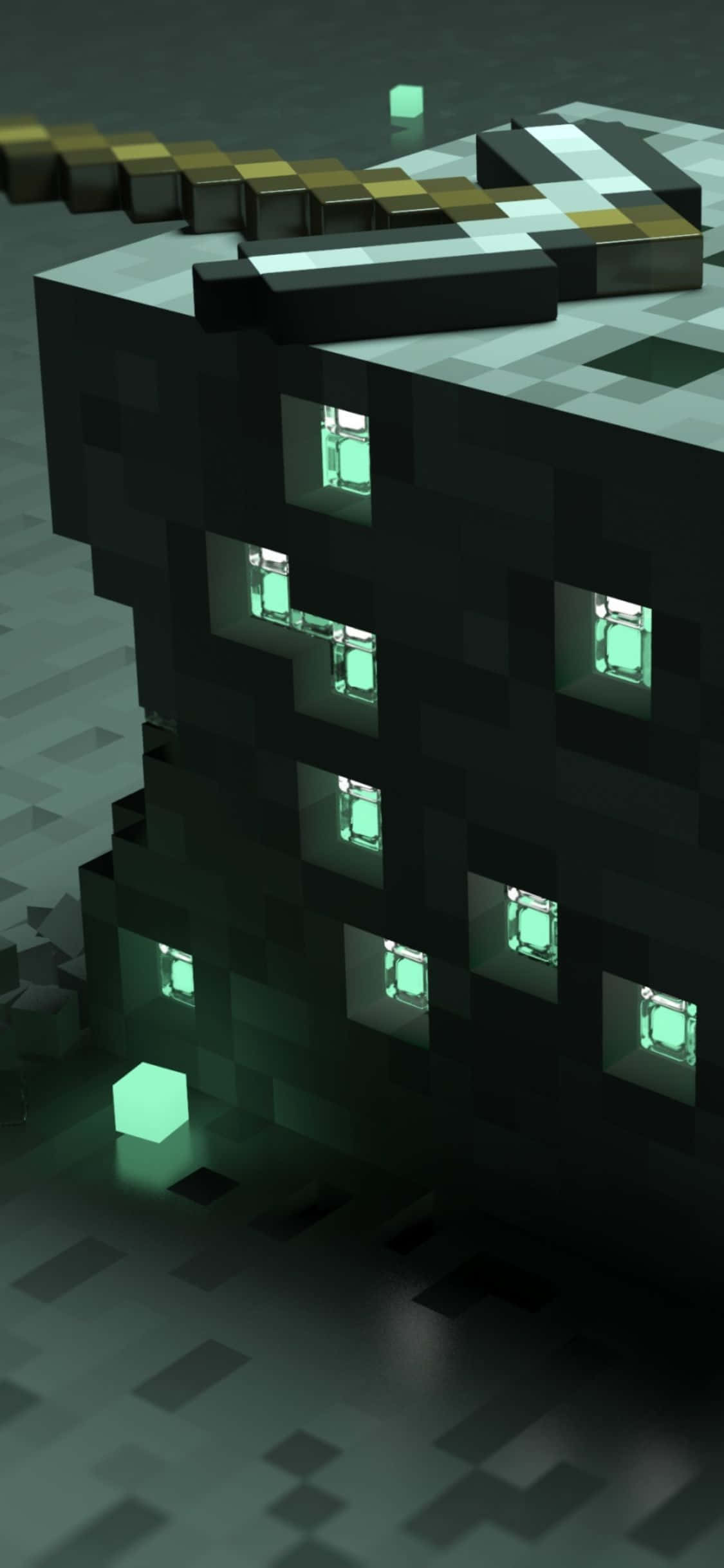 iPhone Xs Minecraft 桌布 壁紙 — 一座方塊狀的Minecraft風格建築，在昏暗燈光下帶有發光的綠色窗戶和像素化屋頂。