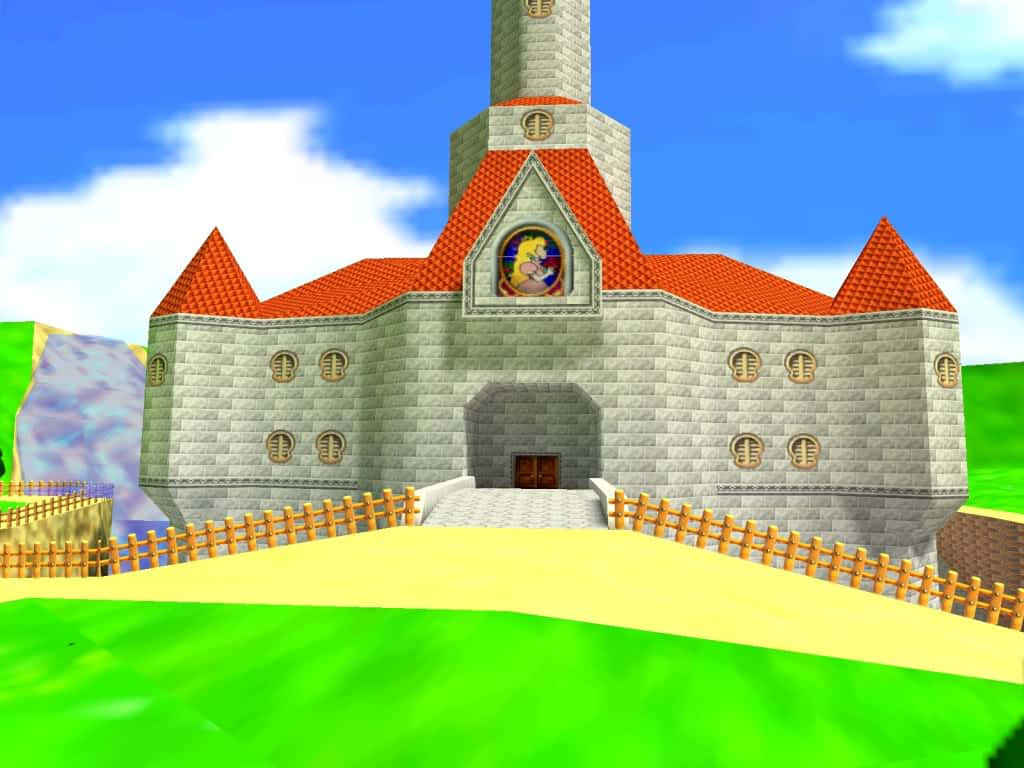 Mushroom Kingdom 桌布 壁紙 — 一座明亮的3D渲染城堡，擁有紅色瓦片屋頂和石牆，矗立在藍天白雲下的草坡上。