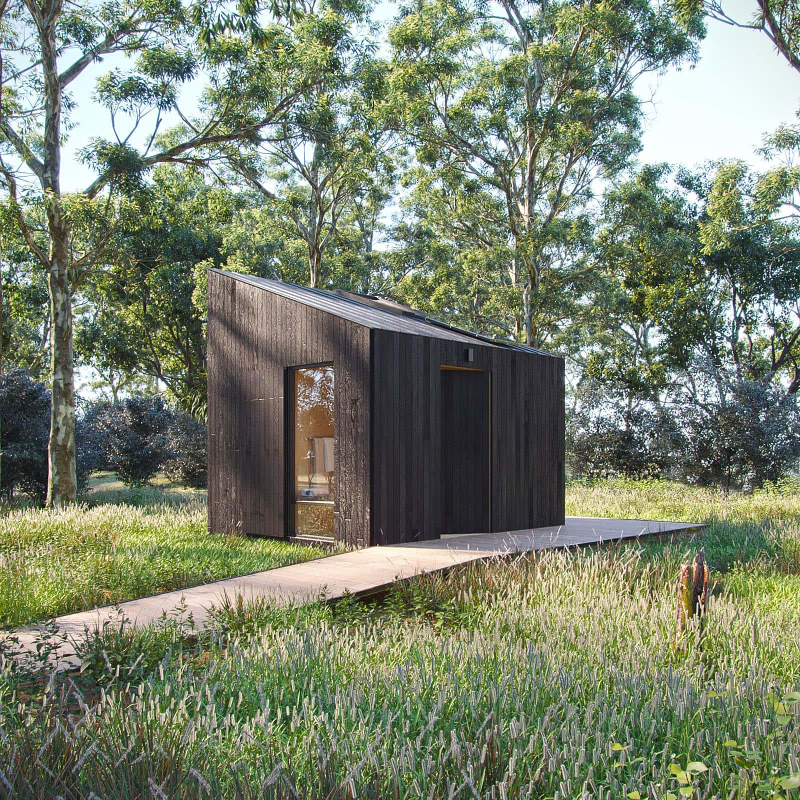 Outhouse 桌布 壁紙 — 一座時尚的深色木屋坐落在陽光明媚的森林空地中，周圍環繞著高高的草和成熟的樹木。