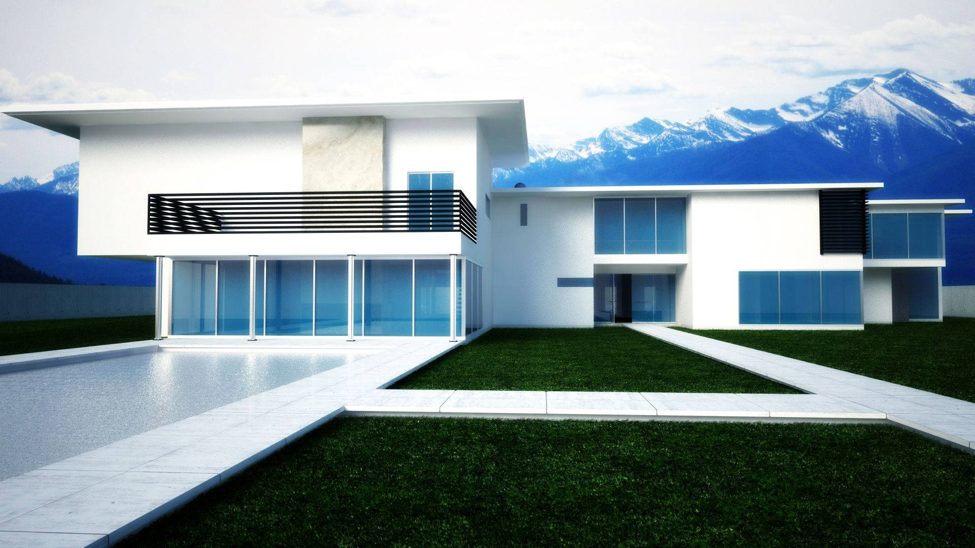 Luxury House 桌布 壁紙 — 一座時尚的白色現代房屋，配有玻璃牆和游泳池，坐落在多雲天空下積雪覆蓋的山脈前。