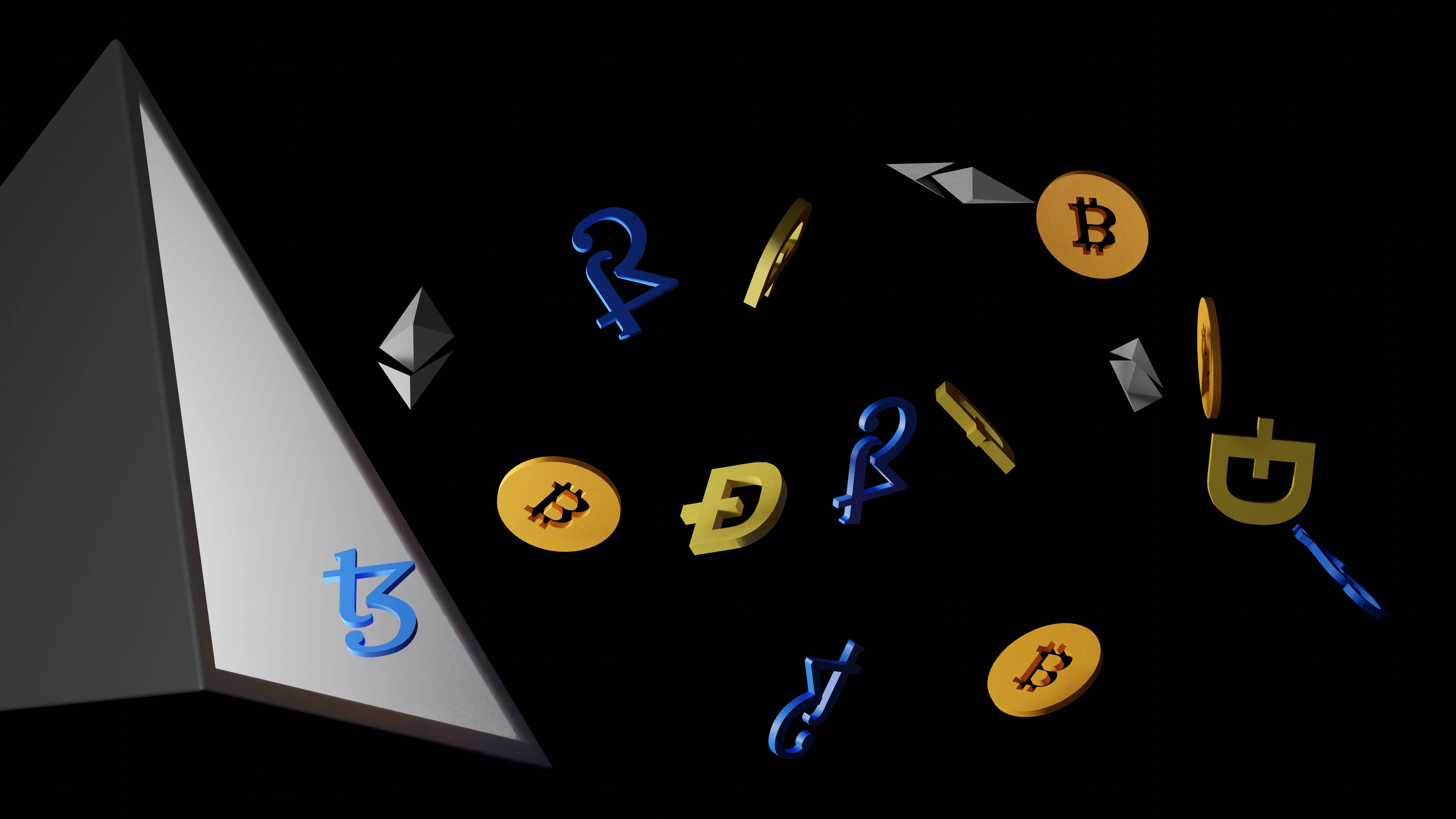 金融 桌布 壁紙 — 一座時尚的銀色金字塔在黑色虛空中散發出浮動的 3D 加密貨幣符號。