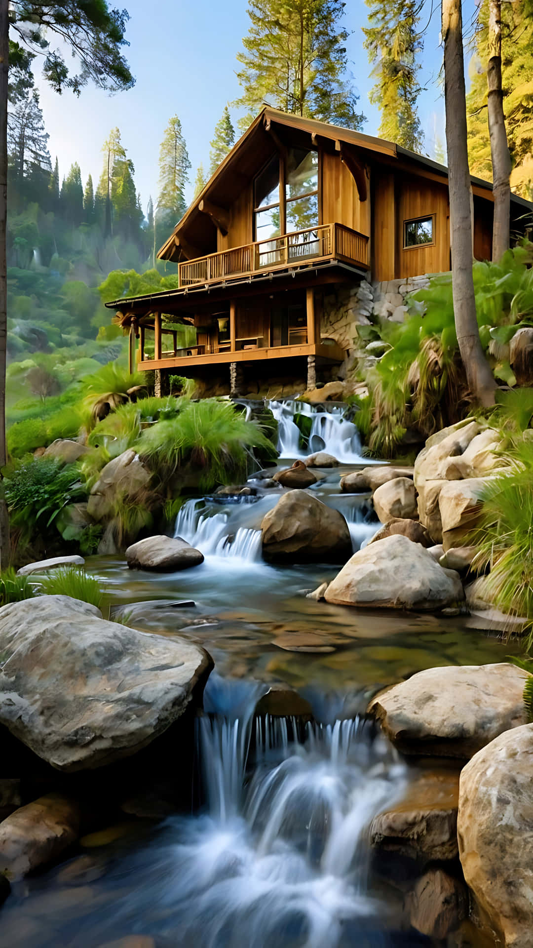 Enchanting Waterfall Retreat in Nature's Lap. smartphone wallpaper 壁紙 — 一座木屋坐落在岩石山坡上，俯瞰著在清澈藍天下流經茂密綠色森林的瀑布般溪流。