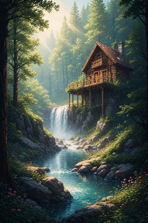 Cozy Cabin by Waterfall Dreamy Nature 4K 壁紙 — 一座木屋高高矗立在陽光明媚的森林中，瀑布層疊而下，周圍是翠綠的樹木和清澈的藍色溪流。