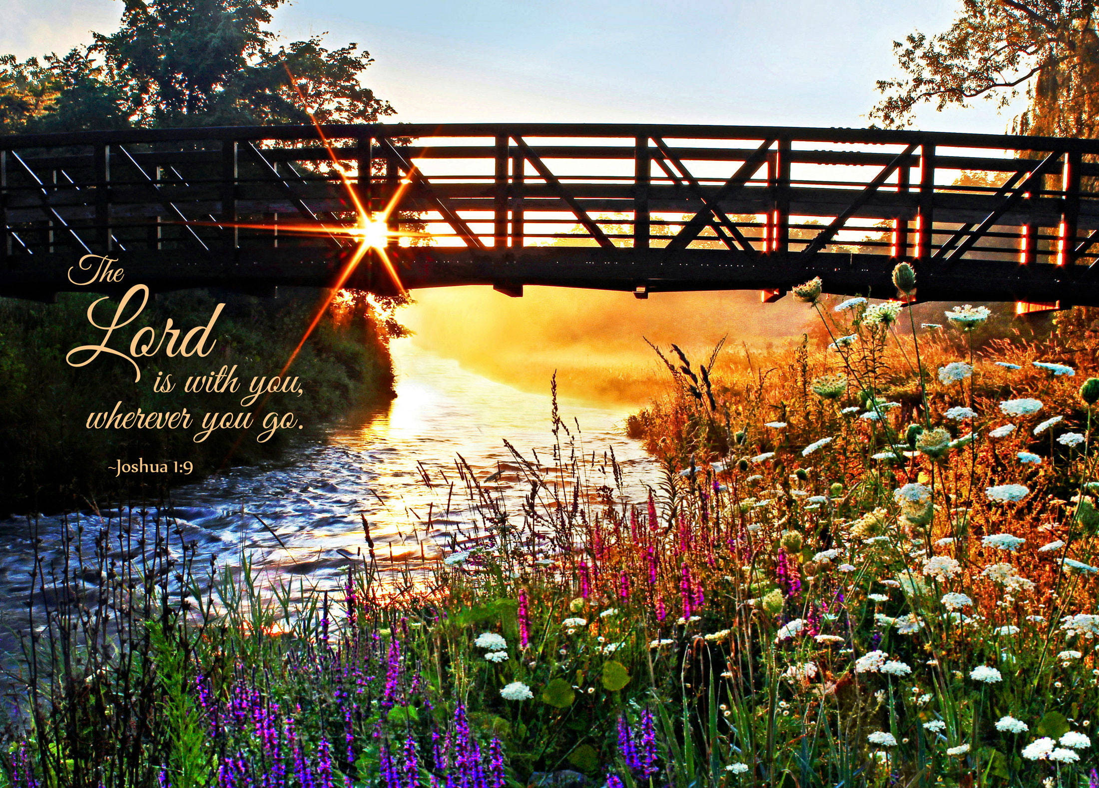 Bible Quotes 桌布 壁紙 — 一座木橋在日落時分拱跨在陽光照耀的河流上，前景有野花，並疊加經文文字。