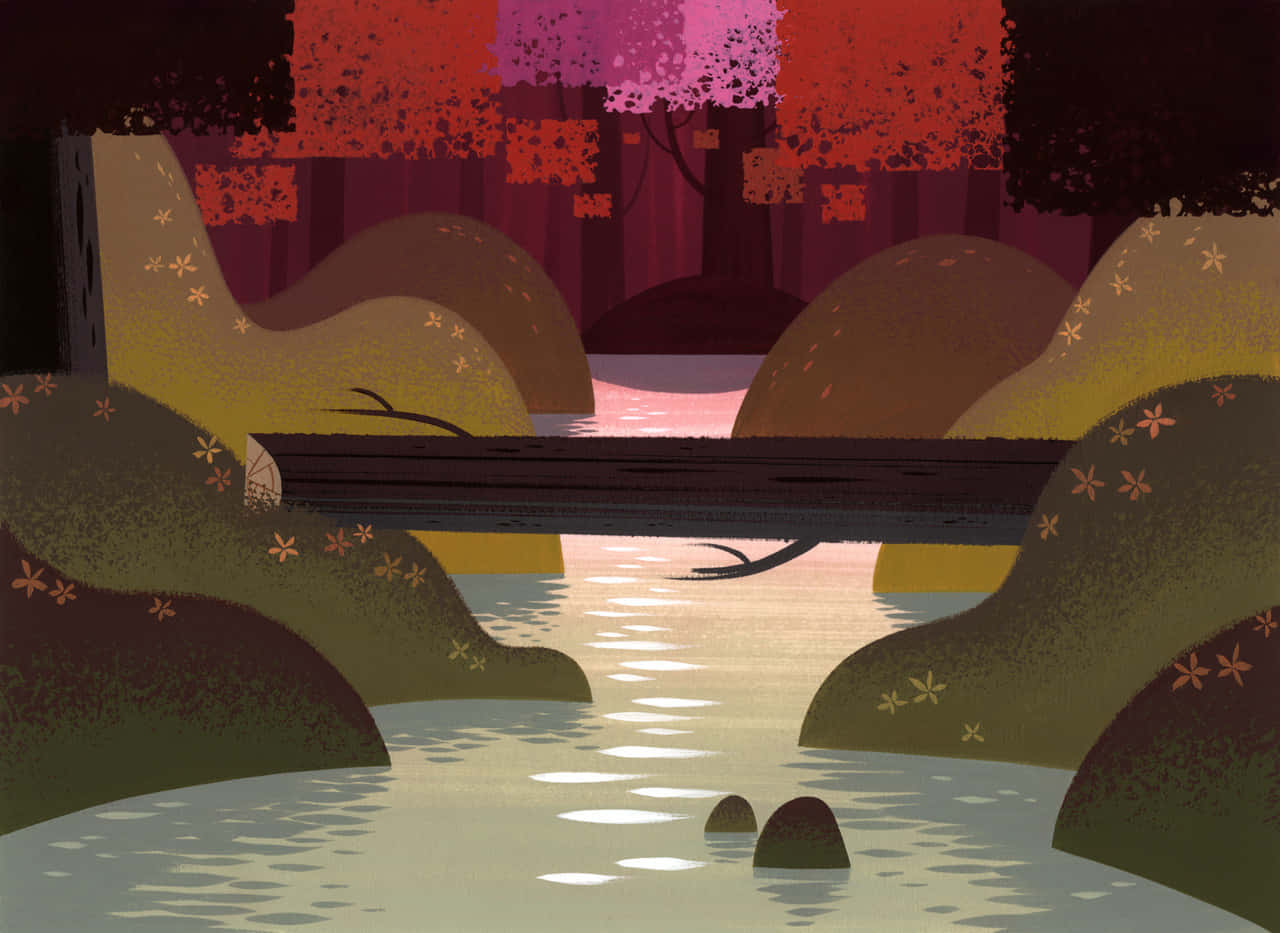 samurai jack 桌布 壁紙 — 一座木橋橫跨森林中一條平靜的小溪，周圍有秋天的樹木和發光的倒影。