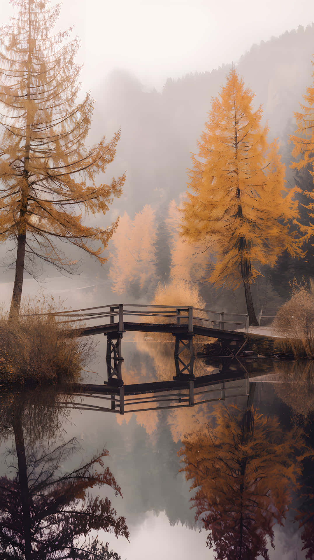 cozy autumn 壁紙 — 一座木橋橫跨霧氣瀰漫的湖泊，映照著金色的落葉松和朦朧的山巒，在柔和的秋光中。