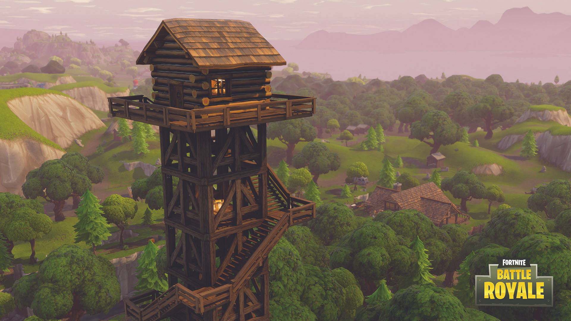Fortnite Battle Royale 桌布 壁紙 — 一座木製瞭望塔聳立在鬱鬱蔥蔥的綠色山谷中，遠處有山脈，天空呈現柔和的紫色。