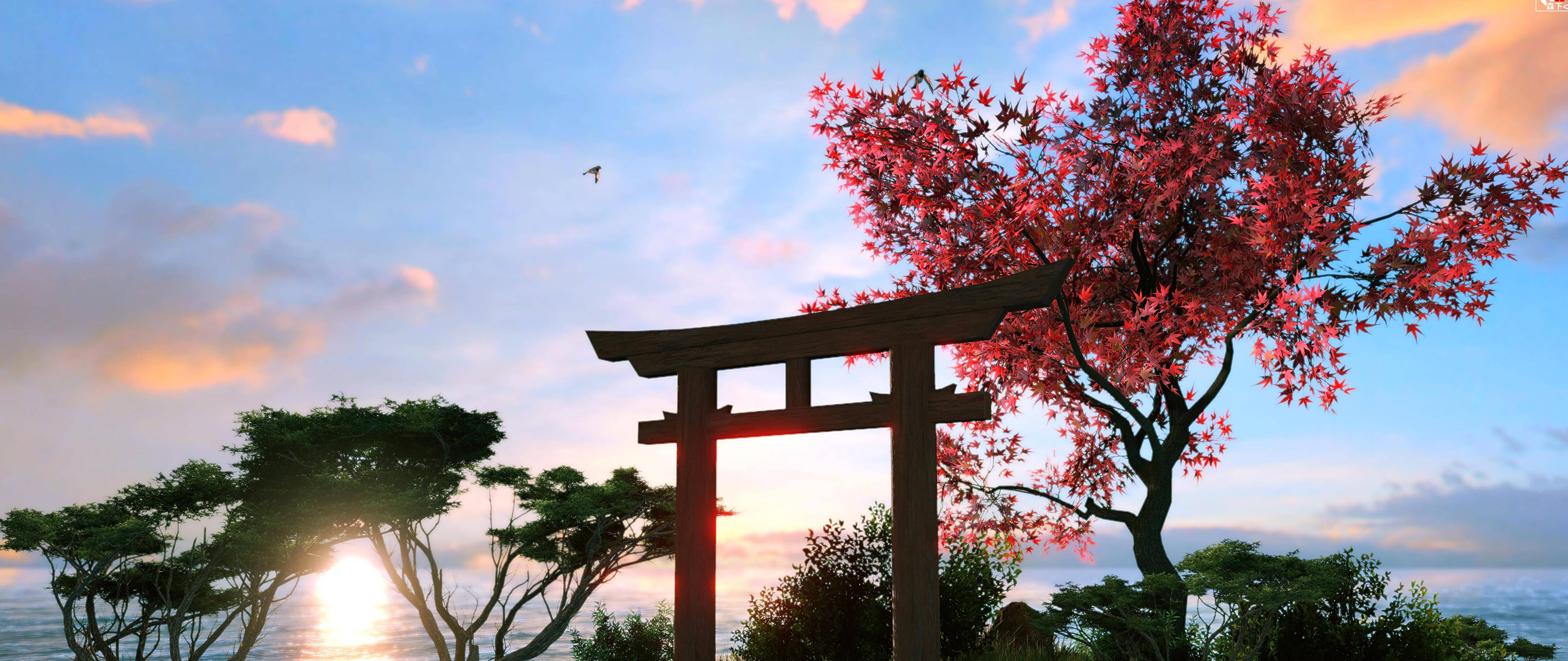 Torii 桌布 壁紙 — 一座木製鳥居矗立在夕陽下的海洋上空，一棵鮮紅的楓樹前，有一隻鳥在頭頂飛翔。
