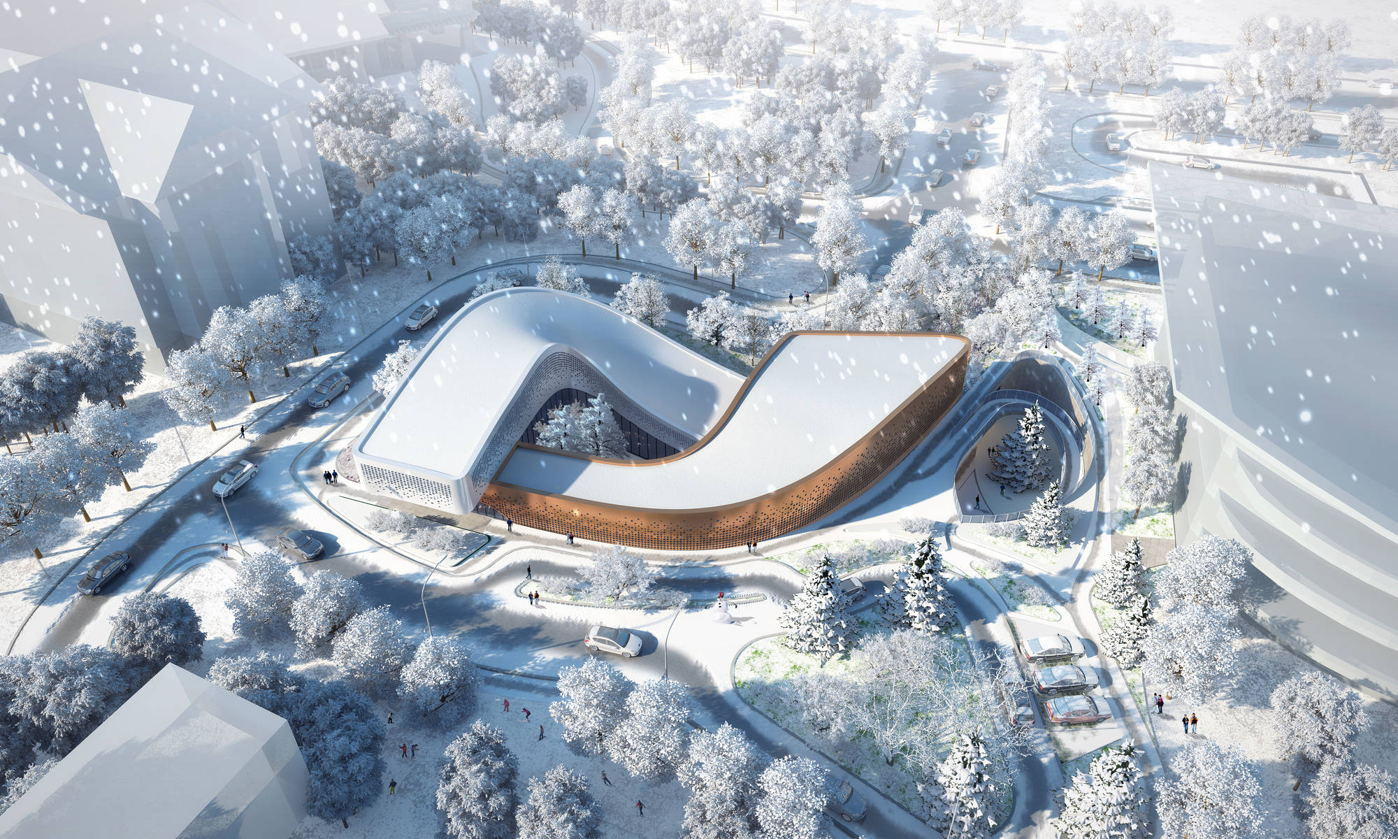 Winter Olympics 桌布 壁紙 — 一座未來主義波浪形建築，帶有木質點綴，坐落在雪中的城市公園，伴隨著輕柔的降雪。