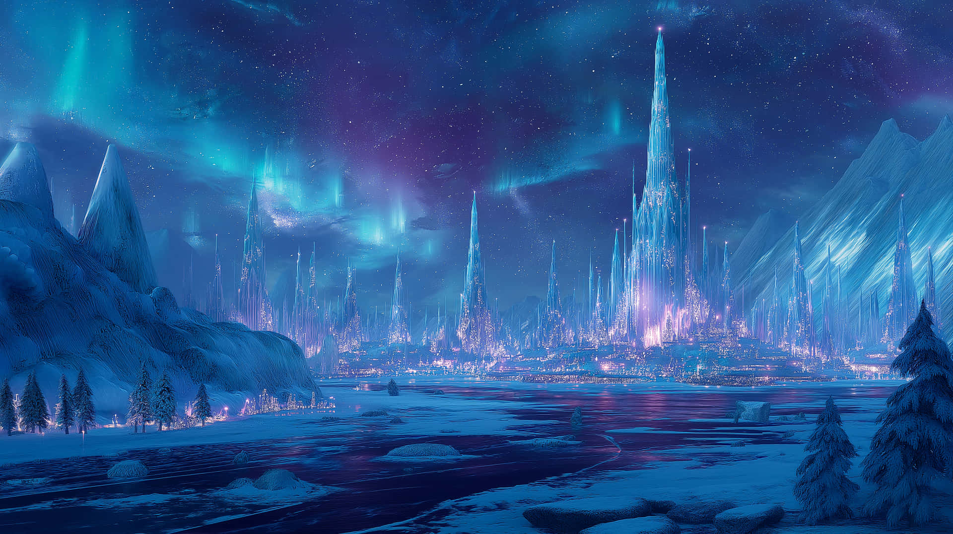 Magical Ice City Under Vibrant Aurora Borealis Sky 壁紙 — 一座未來主義的冰城，閃爍的尖塔從冰凍的湖面升起，上方是充滿活力的極光天空。