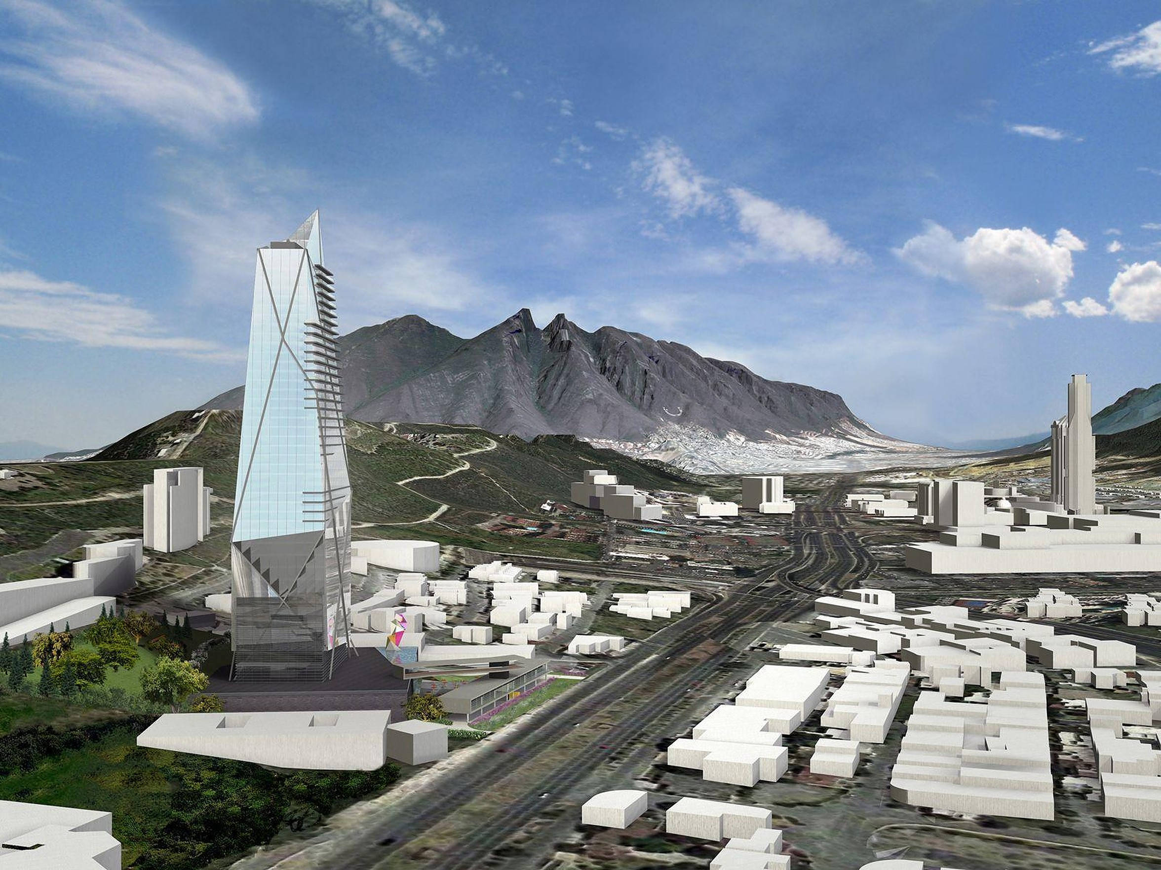 Monterrey 桌布 壁紙 — 一座未來主義的城市景觀，一座高聳的玻璃摩天大樓在崎嶇的山脈旁升起，天空湛藍，雲朵散佈。