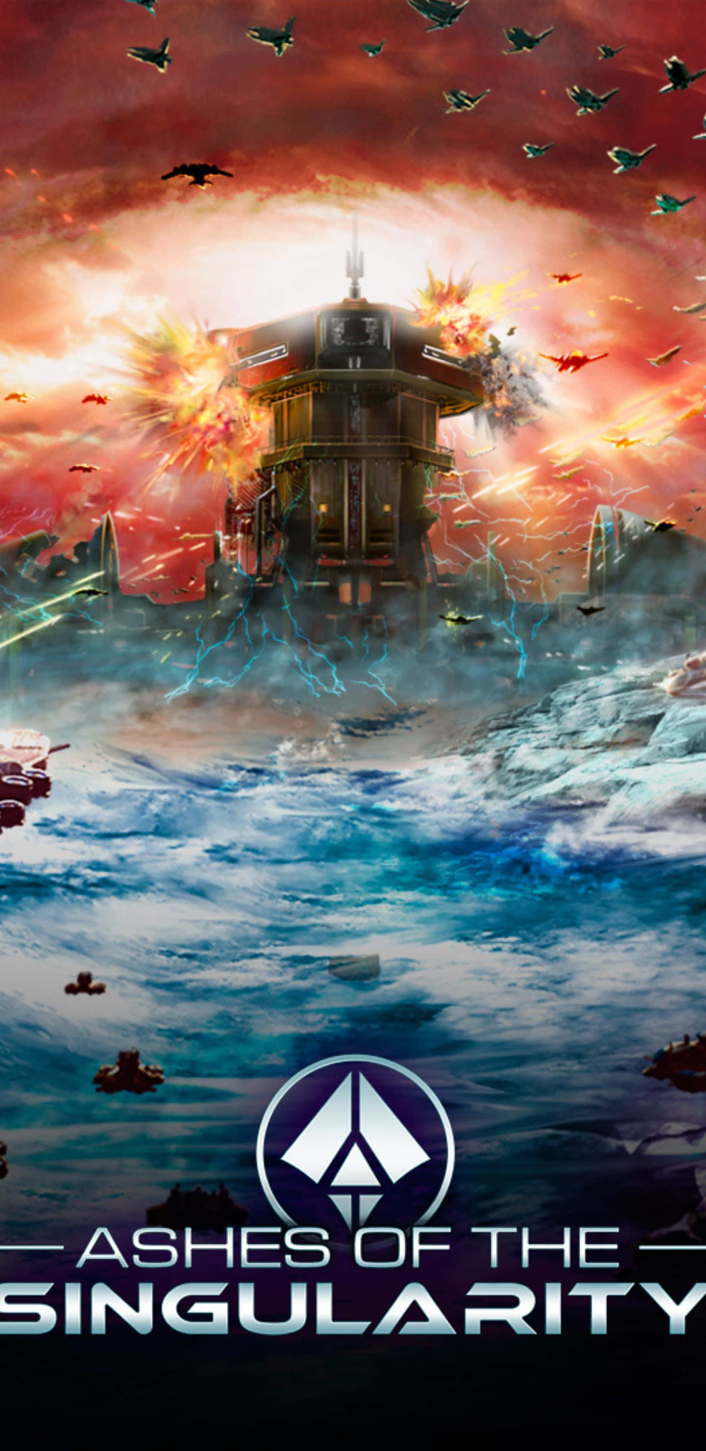 Pixel 3xl Ashes Of The Singularity 桌布 壁紙 — 一座未來主義的塔樓在熾熱的爆炸中爆發，戰艦在血紅色的天空下在波濤洶湧的海洋上交戰。