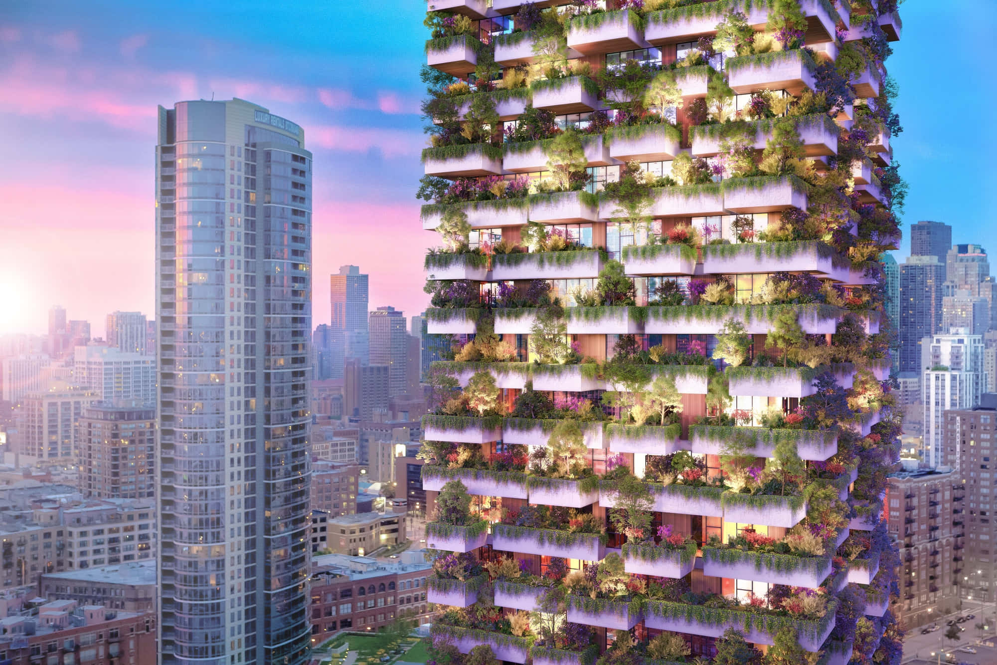 Green Buildings 桌布 壁紙 — 一座未來主義的摩天大樓，覆蓋著茂密的綠植和盛開的花朵，在密集的城市天際線中，聳立在充滿活力的粉紅色和藍色日落天空前。