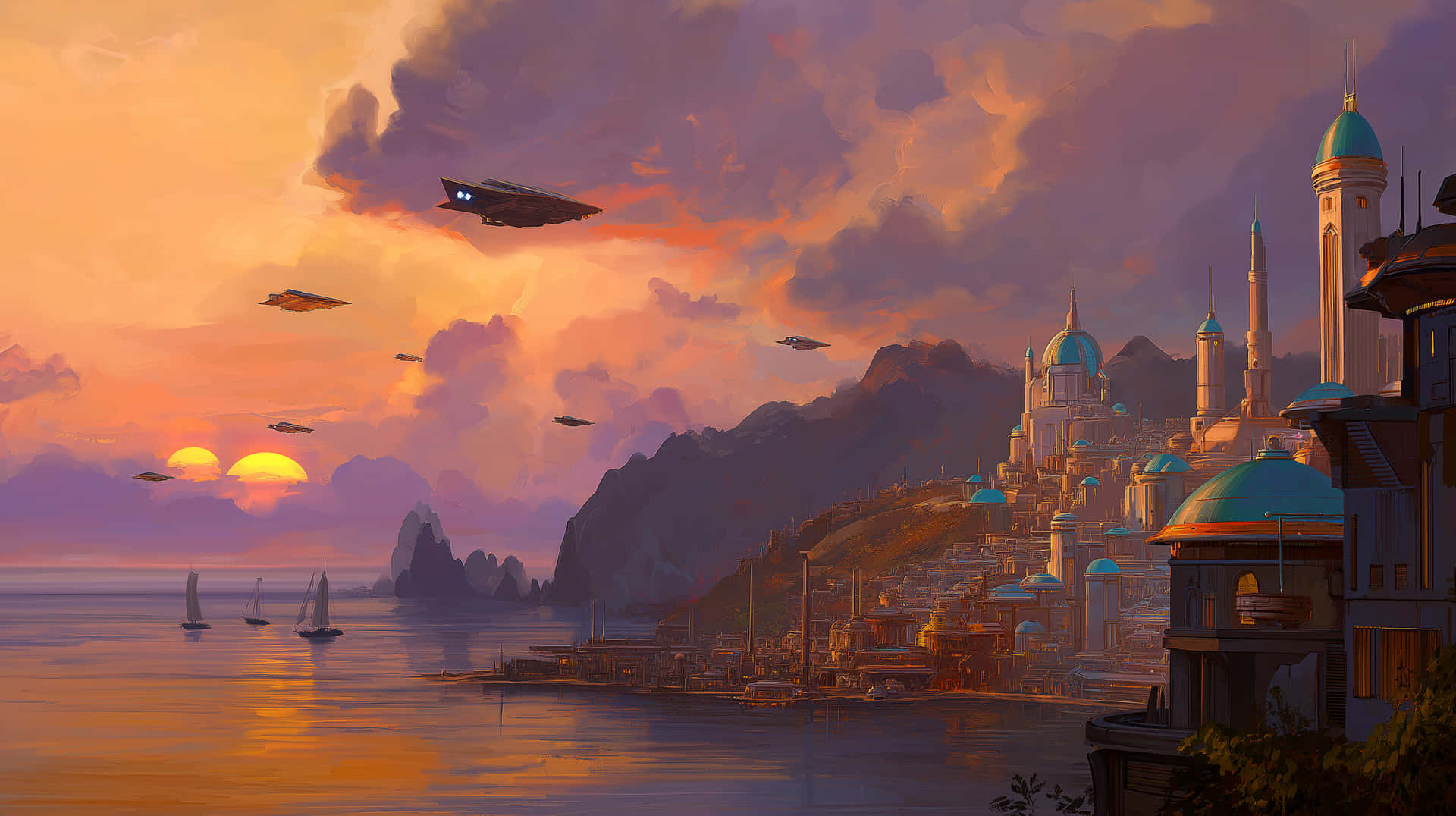 A peaceful alien civilization in a futuristic city 壁紙 — 一座未來主義的沿海城市，擁有青綠色圓頂建築和飛行船，在平靜的水面上有帆船，滑過夕陽天空。