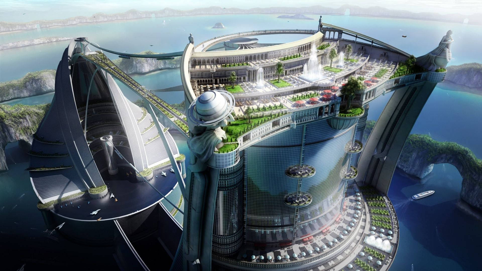 Futuristic City 桌布 壁紙 — 一座未來主義的浮動城市，玻璃塔和綠色露台懸浮在碧綠色的水域上。