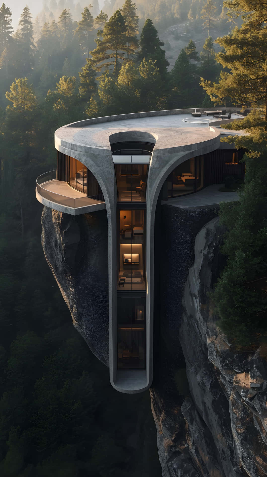 Brutalist Concrete Cliff House with Cantilevered Balcony 壁紙 — 一座未來主義的混凝土別墅，內部發光，緊貼在懸崖邊，周圍是茂密的松樹林。