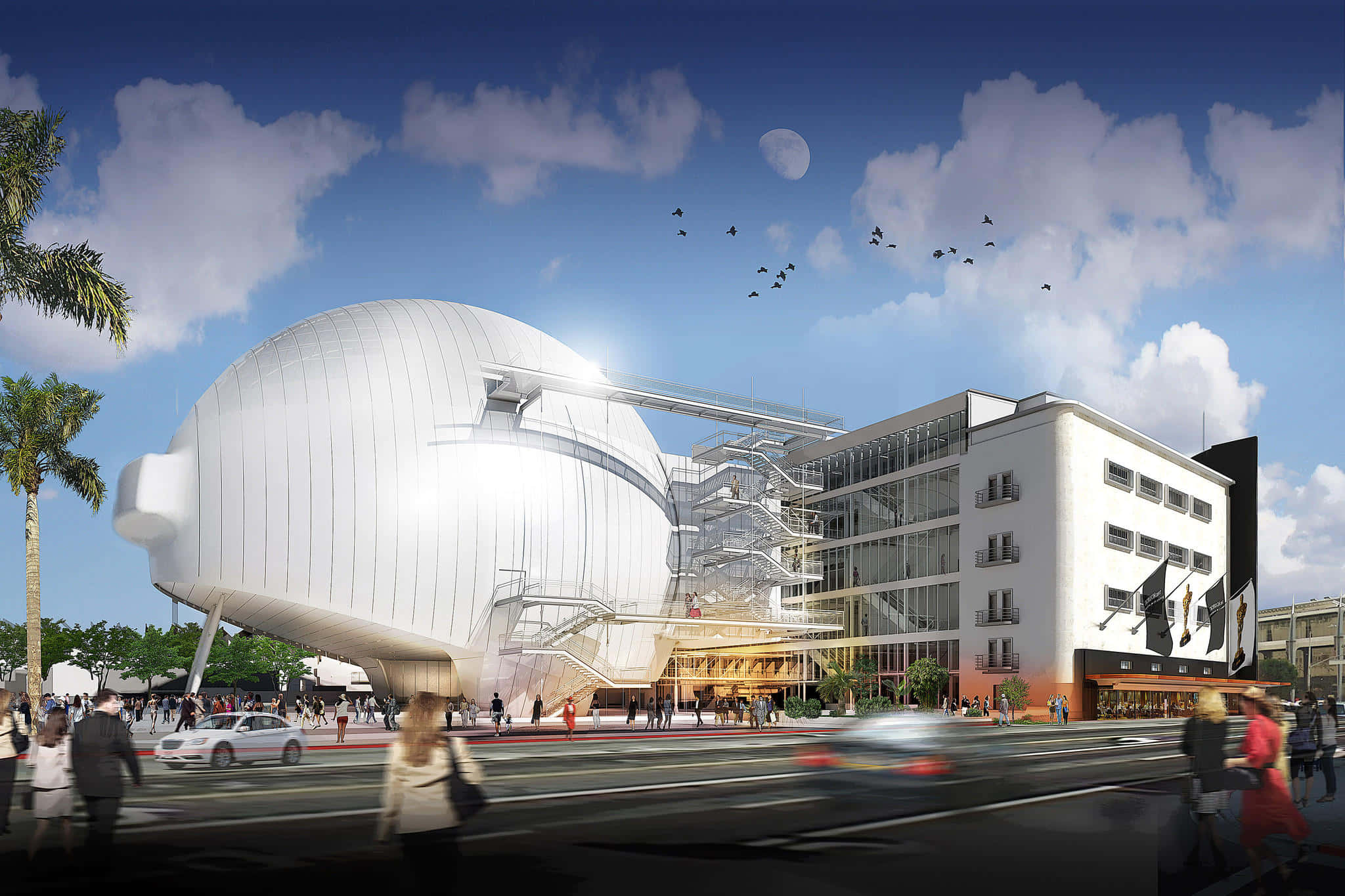 Museum 桌布 壁紙 — 一座未來主義的白色圓頂建築，帶有玻璃外牆，矗立在現代結構旁，在明亮的藍天下，有散落的雲朵和飛鳥。