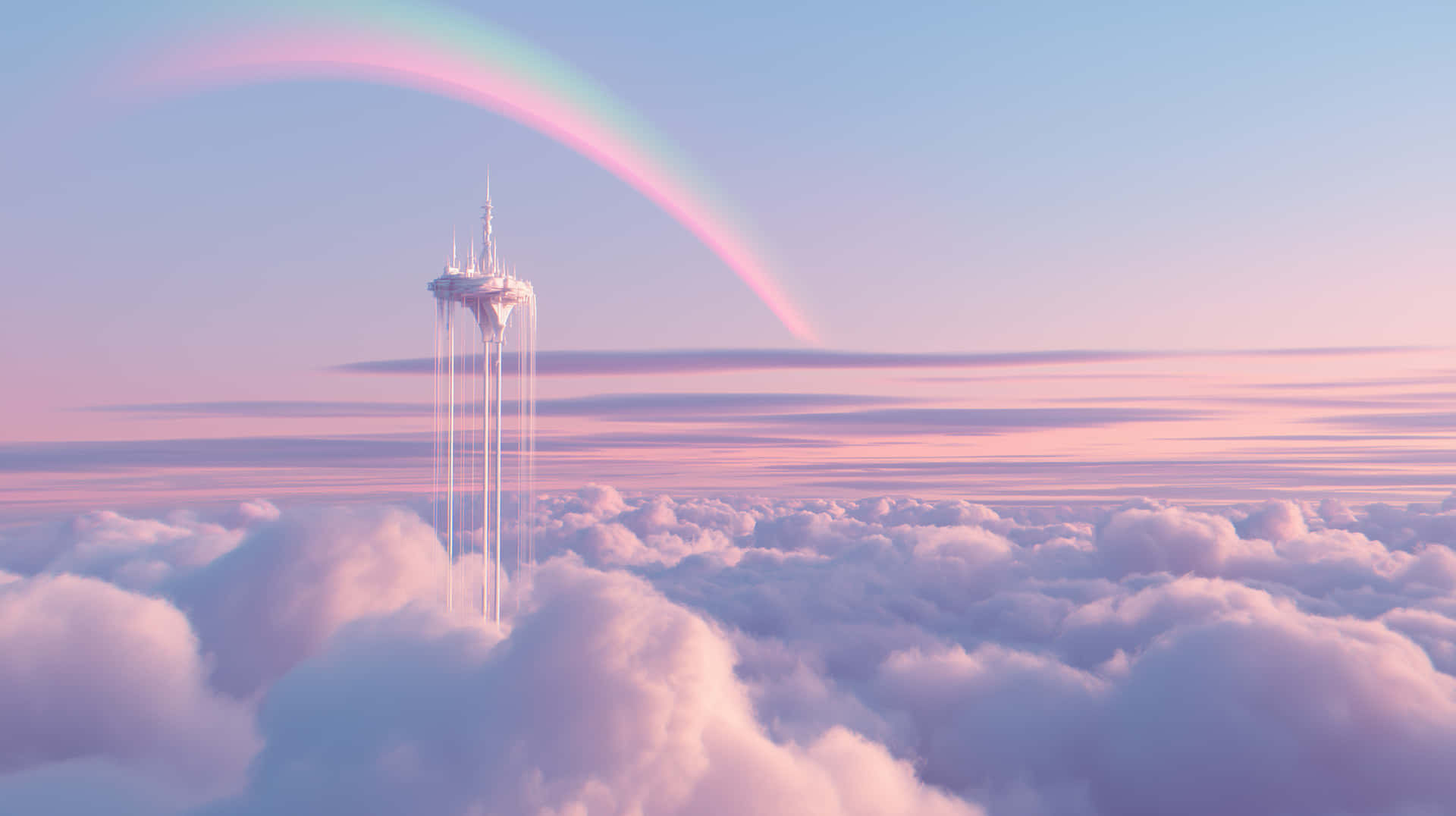 Minimalist Sky Tower Above Clouds with Gentle Rainbow 壁紙 — 一座未來主義的白色塔樓聳立在柔軟的雲層之上，下方是柔和的粉藍色天空，一道溫柔的彩虹拱在其上。