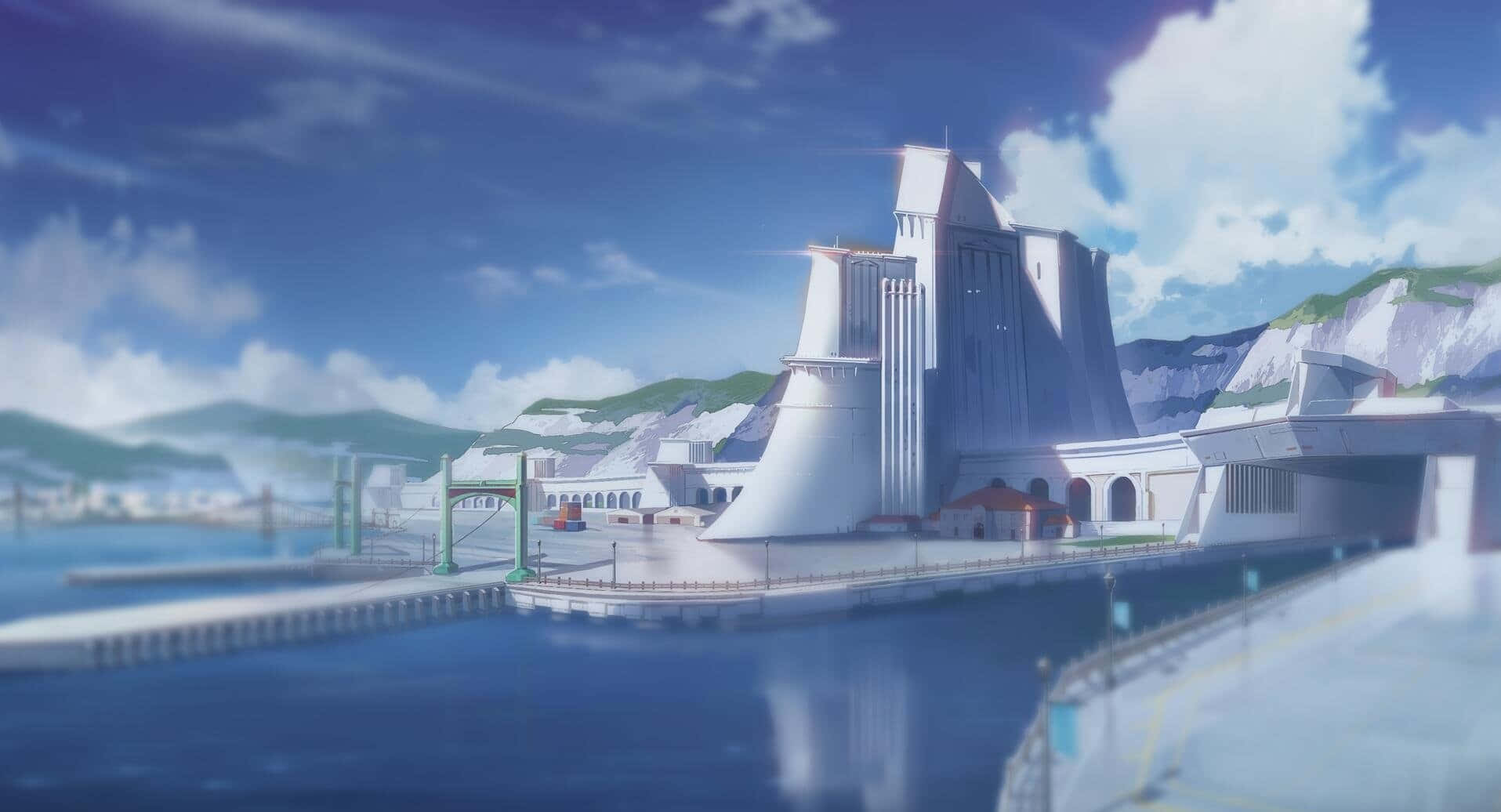 Anime Zoom 桌布 壁紙 — 一座未來主義的白色建築群矗立在平靜的藍色水邊，上方是帶有蓬鬆白雲的明亮藍天。
