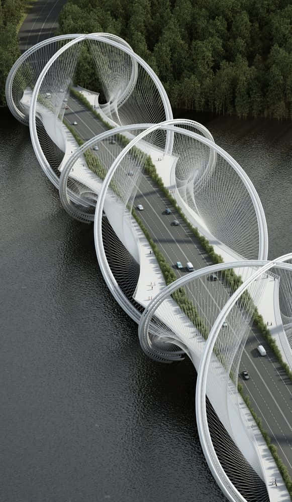 bridge 桌布 壁紙 — 一座未來主義的白色橋樑，帶有寬闊的圓形拱門，橫跨一條被茂密綠色森林包圍的黑暗河流。