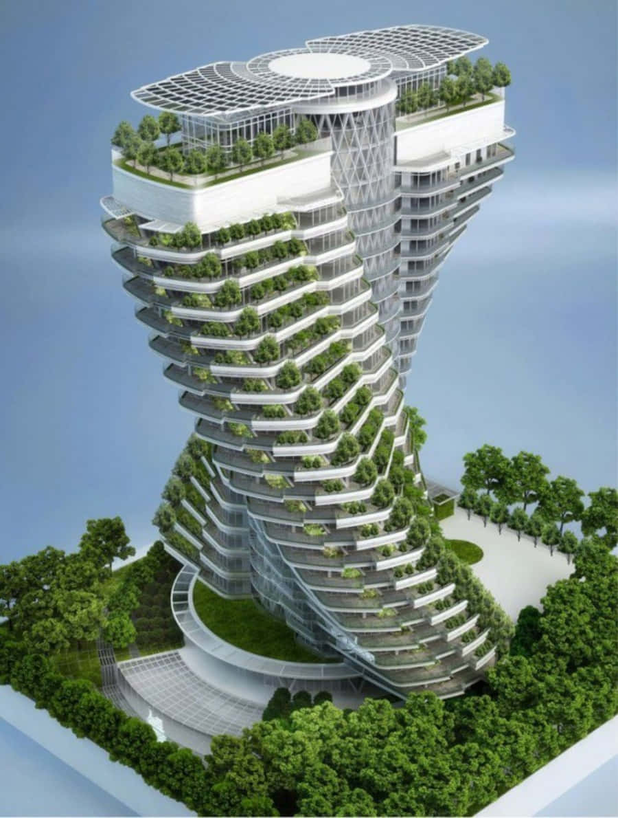 Building 桌布 壁紙 — 一座未來主義的螺旋形摩天大樓，覆蓋著鬱鬱蔥蔥的綠色露台，在清澈的藍天下聳立。