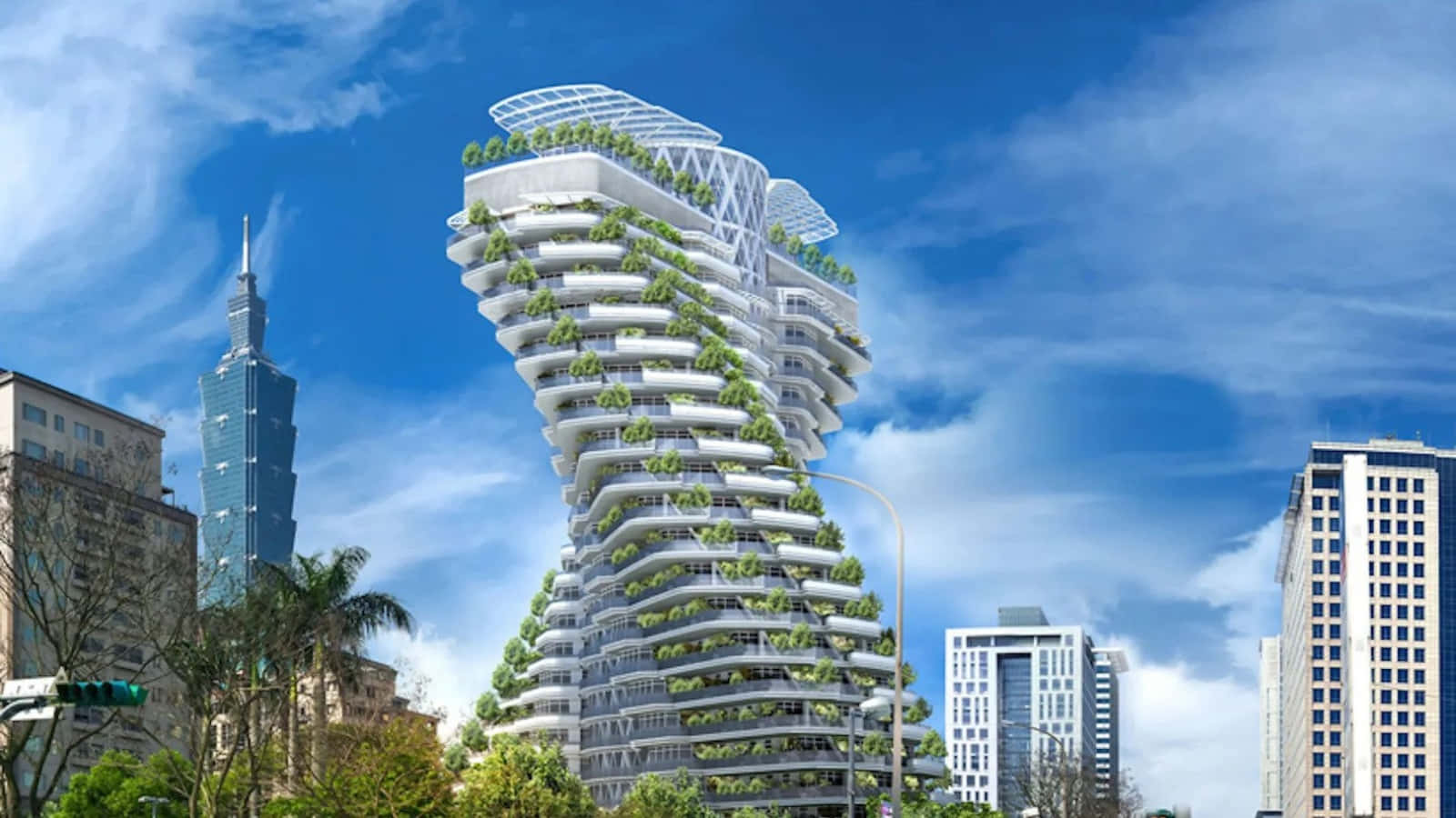Building 桌布 壁紙 — 一座未來主義的螺旋形摩天大樓被茂密綠植覆蓋，在藍天白雲下高聳入雲。