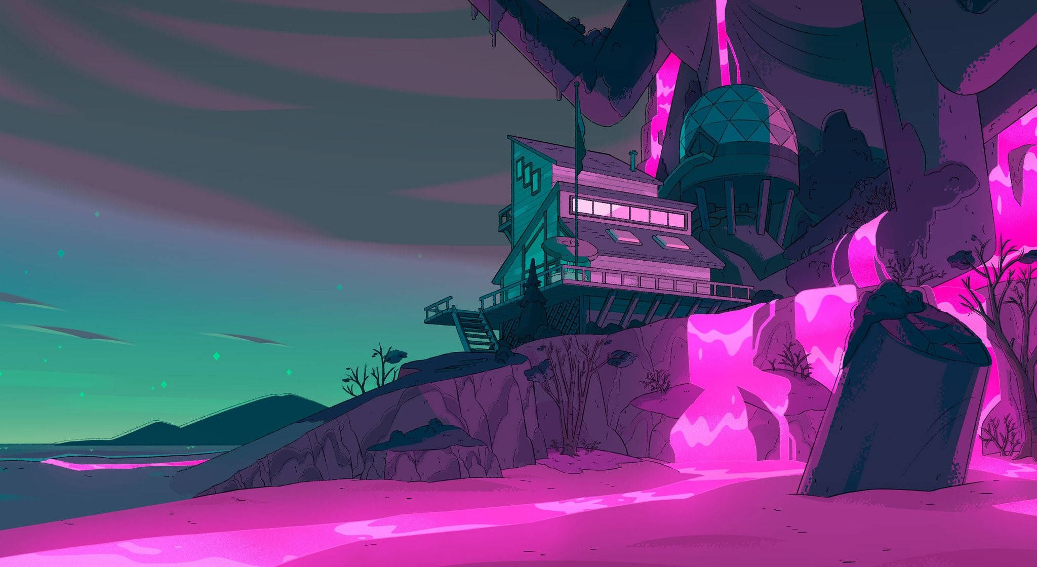 Cartoon Network 桌布 壁紙 — 一座未來主義的青綠色建築矗立在懸崖邊，沐浴在暮色天空下發光的粉紅色熔岩中。