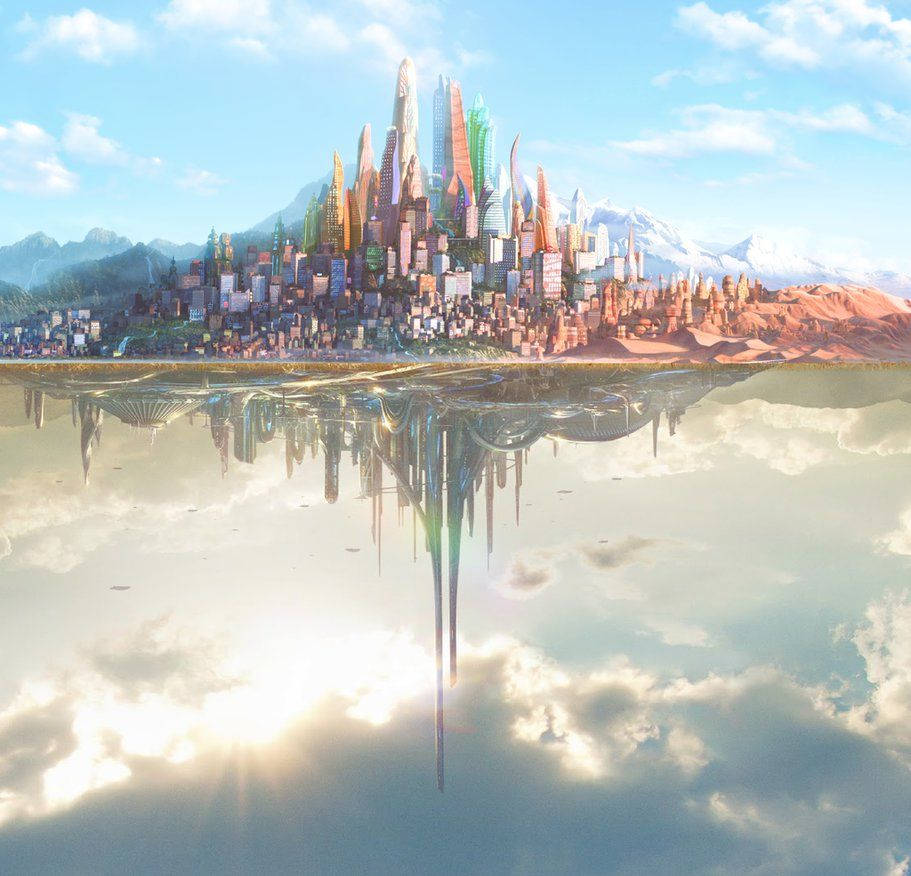 Tomorrowland Movie 桌布 壁紙 — 一座未來城市，彩虹色的摩天大樓在晴朗藍天和 fluffy 雲朵下完美倒映在平靜的湖面上。
