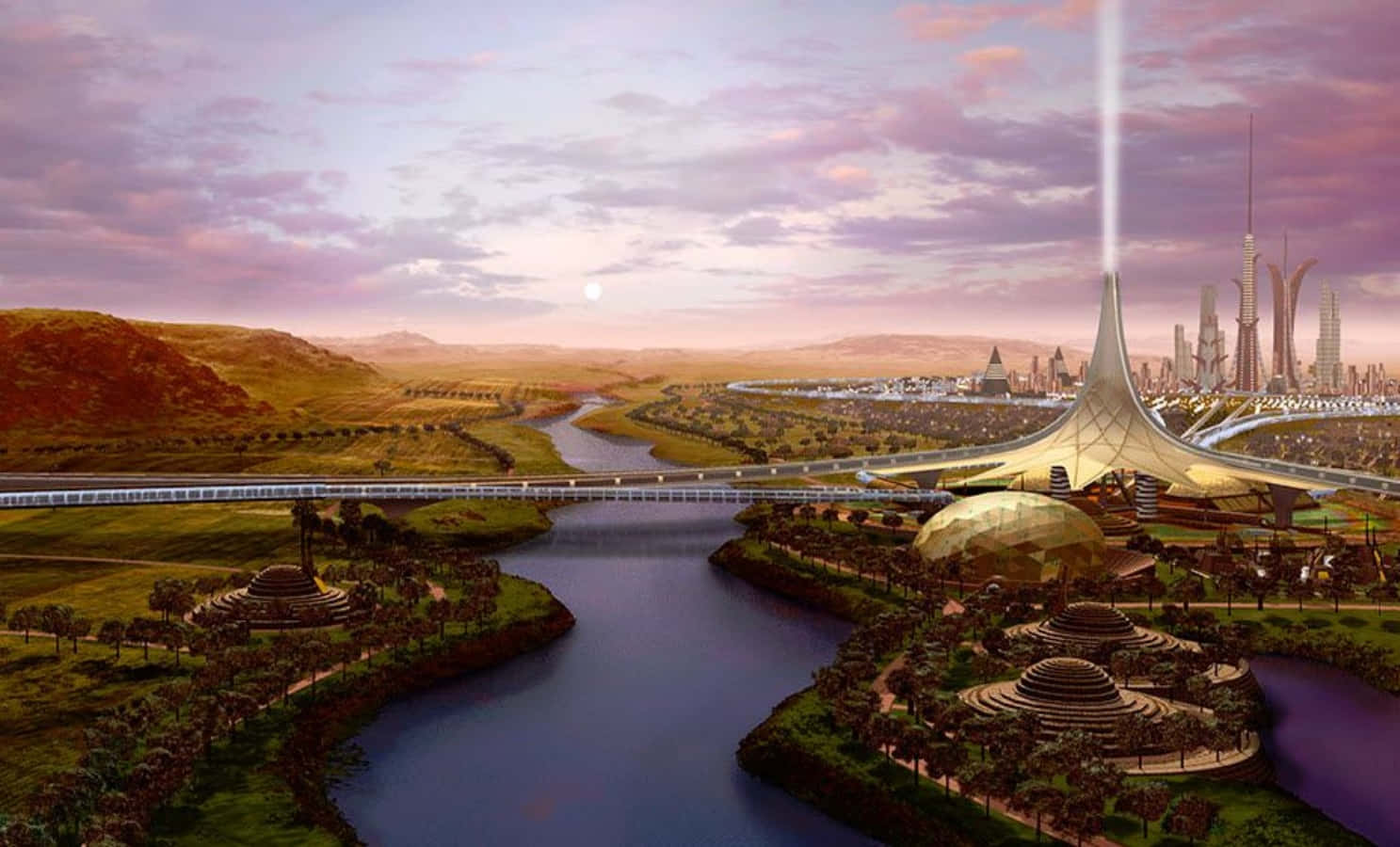 Terraforming 桌布 壁紙 — 一座未來城市，金色尖塔和發光光束聳立在蜿蜒的河流旁，夕陽西下。