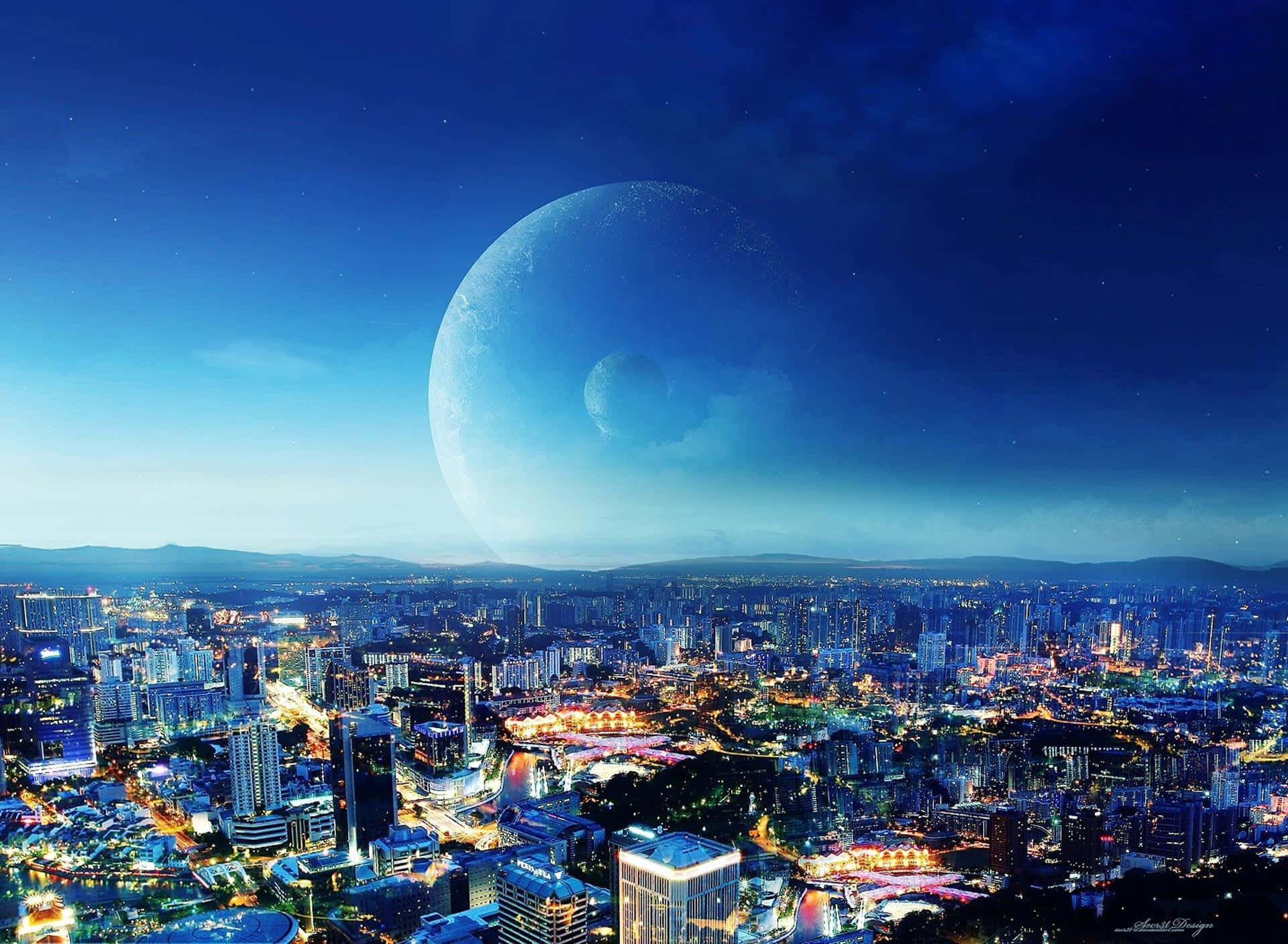 3d City 桌布 壁紙 — 一座未來城市在巨大的月亮及其較小的伴星下，在繁星點點的暮色天空中閃耀。