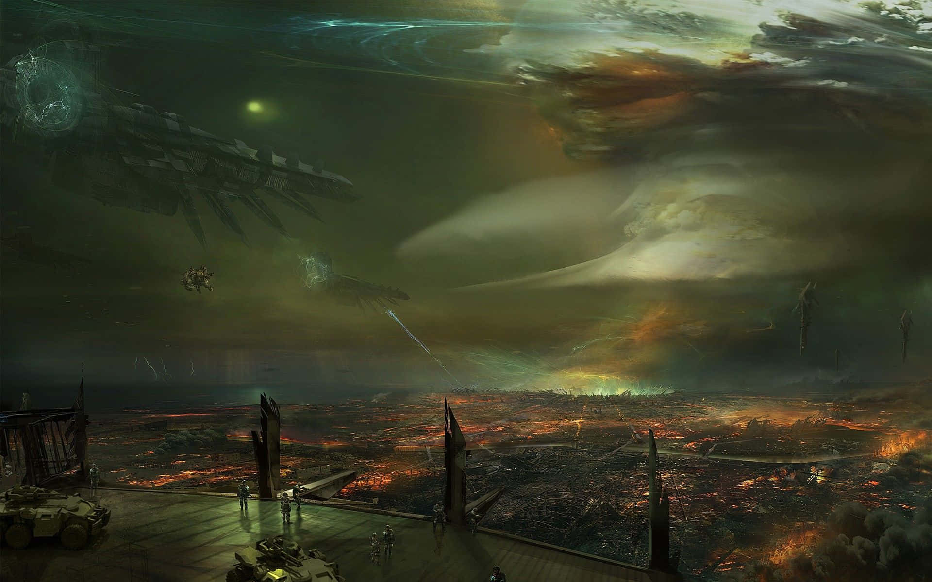 Dark Dystopian 桌布 壁紙 — 一座未來城市在風暴般的外星天空下燃燒，巨大的太空船懸浮在發光的廢墟之上。