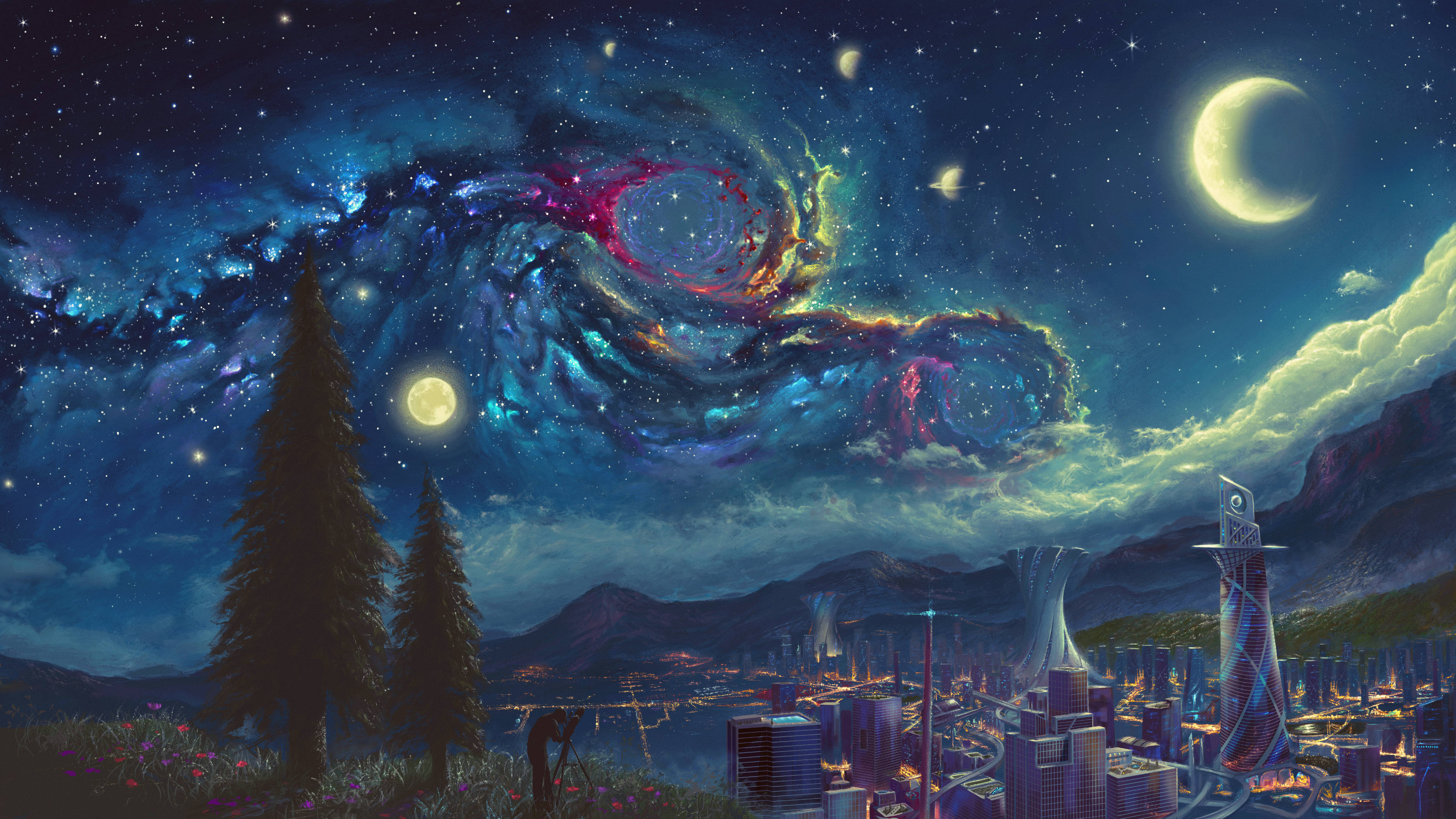 Sci Fi Landscape 桌布 壁紙 — 一座未來城市坐落在山脈中，上方是充滿活力的宇宙星雲和彎月。