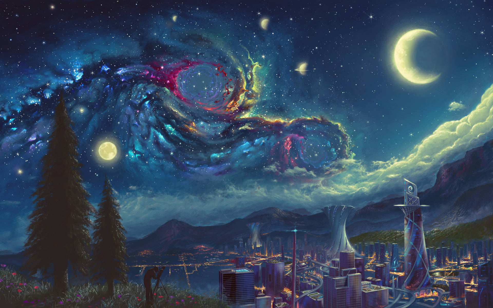 夜晚的未來城市，在宇宙星雲和新月之下。 — 動畫風景 壁紙