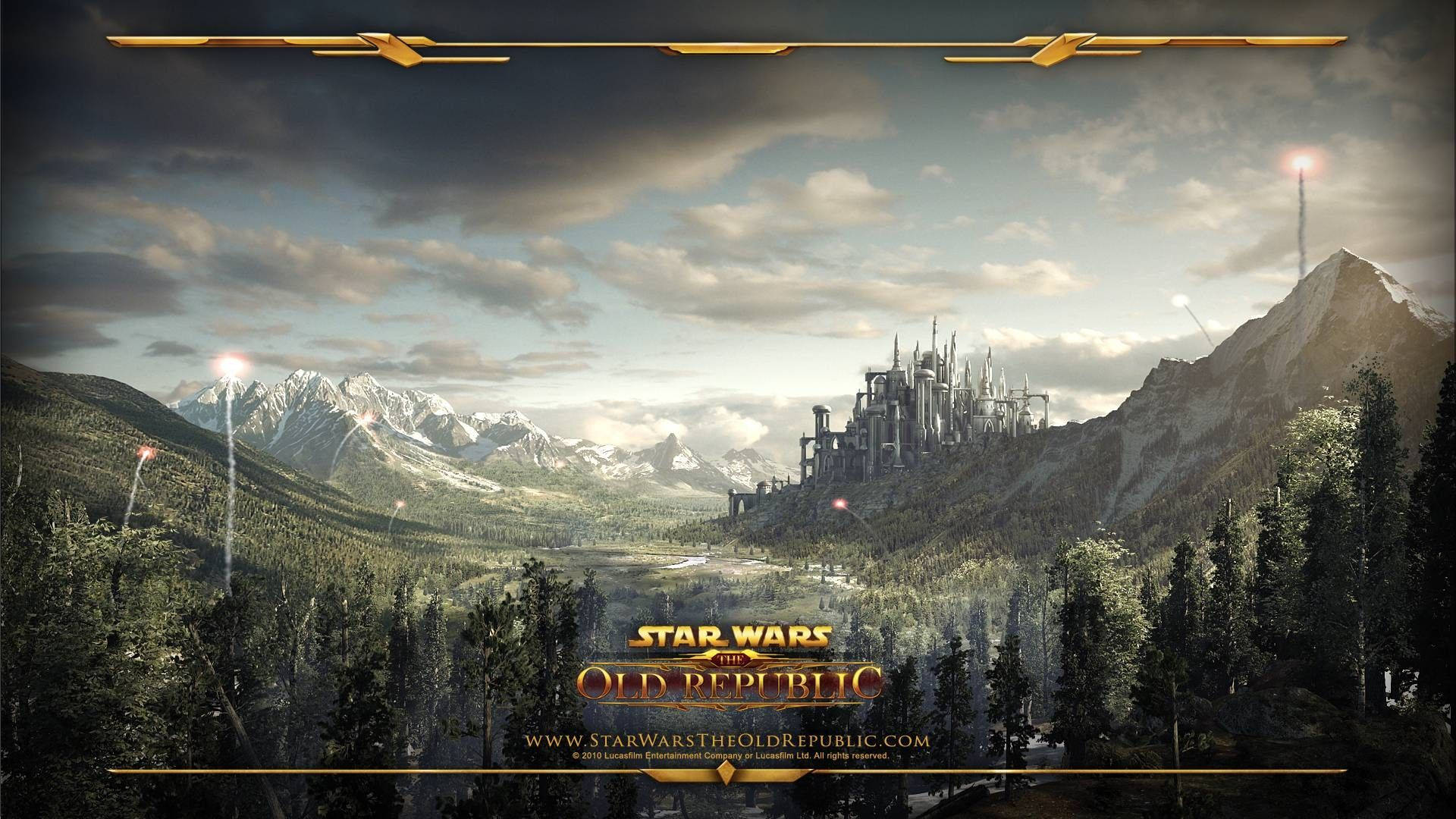 Swtor 桌布 壁紙 — 一座未來城市坐落在山脊上，俯瞰著一個山谷，山谷中有白雪覆蓋的山峰和發光的塔樓，天空多雲。