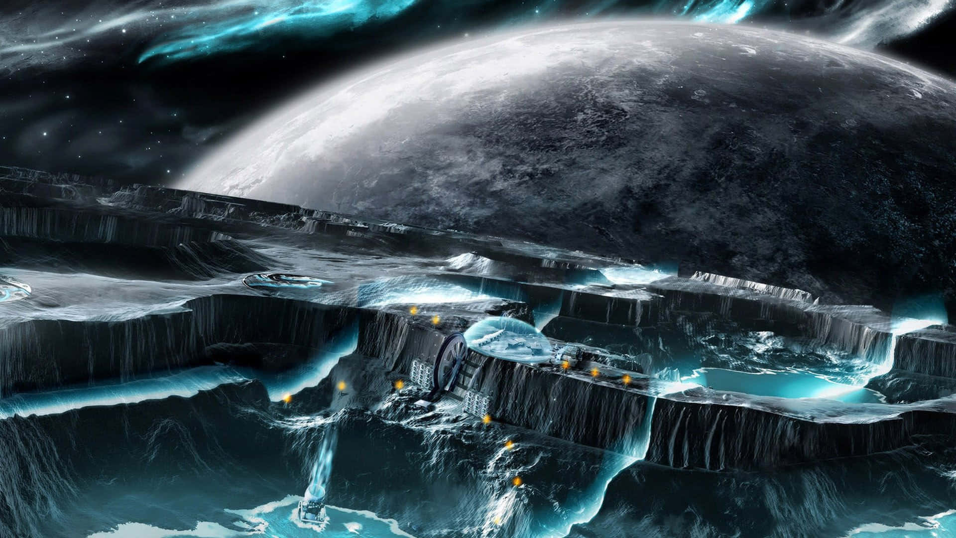 Fantasy Space 桌布 壁紙 — 一座未來城市漂浮在冰凍平台上，位於一顆巨大行星之下，星空虛空中閃爍著藍色能量流。