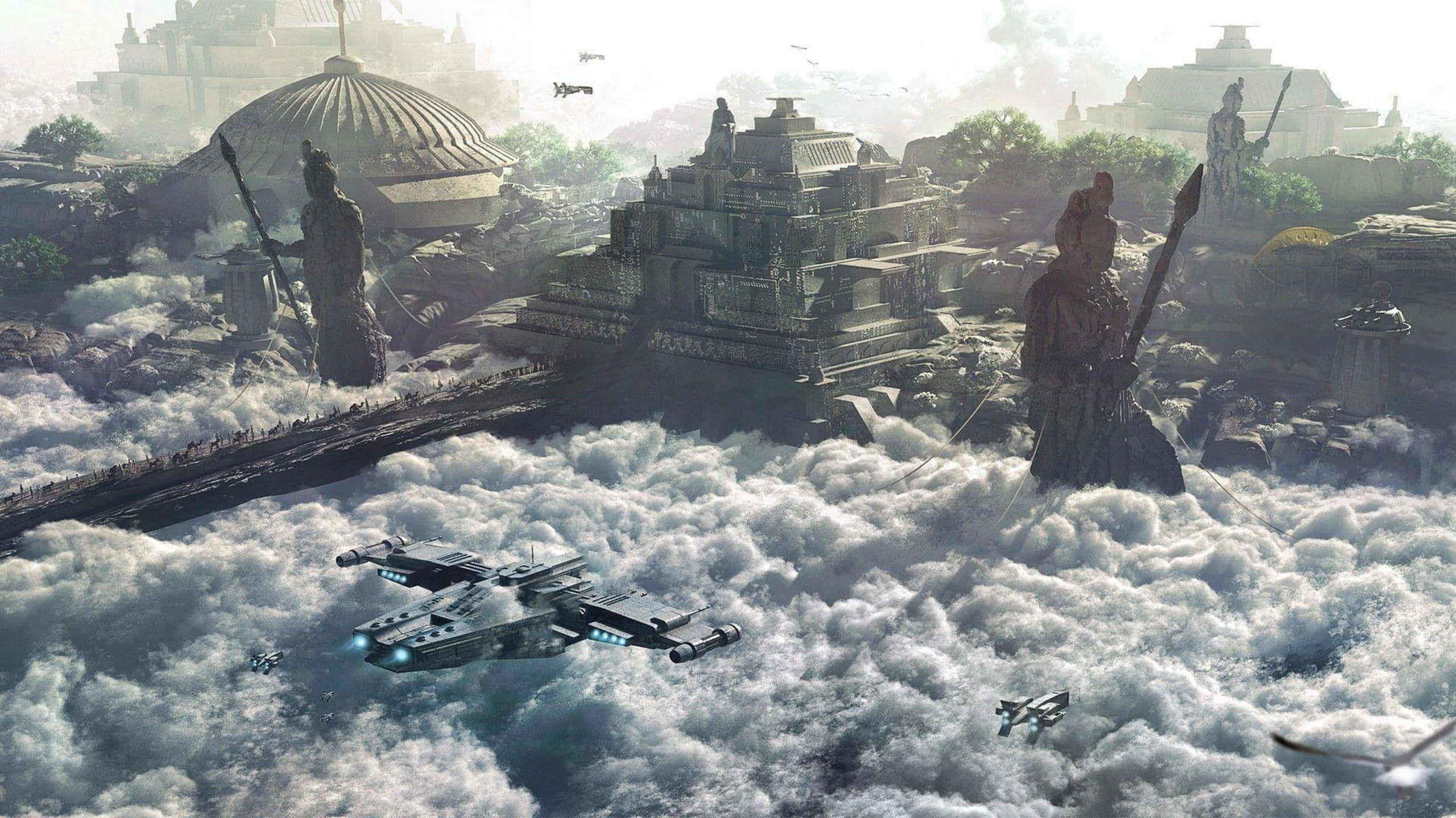 1440p Civilization V 桌布 壁紙 — 一座未來城市漂浮在暴風雲之上，古老的雕像和飛行的太空船在動盪的天空中航行。