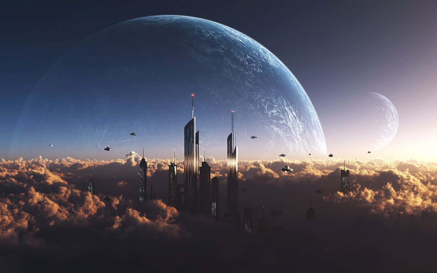 Future 桌布 壁紙 — 一座未來城市漂浮在金色雲層之上，暮色天空中有一個巨大的藍色行星和一個較小的月亮。