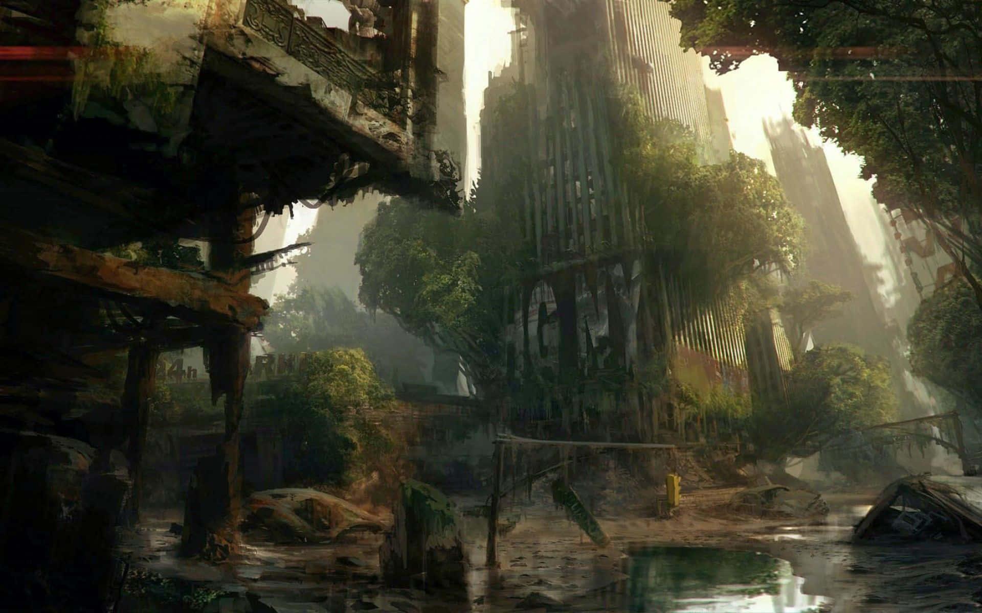 Dark Dystopian 桌布 壁紙 — 一座未來城市的雜草叢生廢墟，高聳的摩天大樓被茂密的綠色植物和霧氣瀰漫的光線重新佔據。